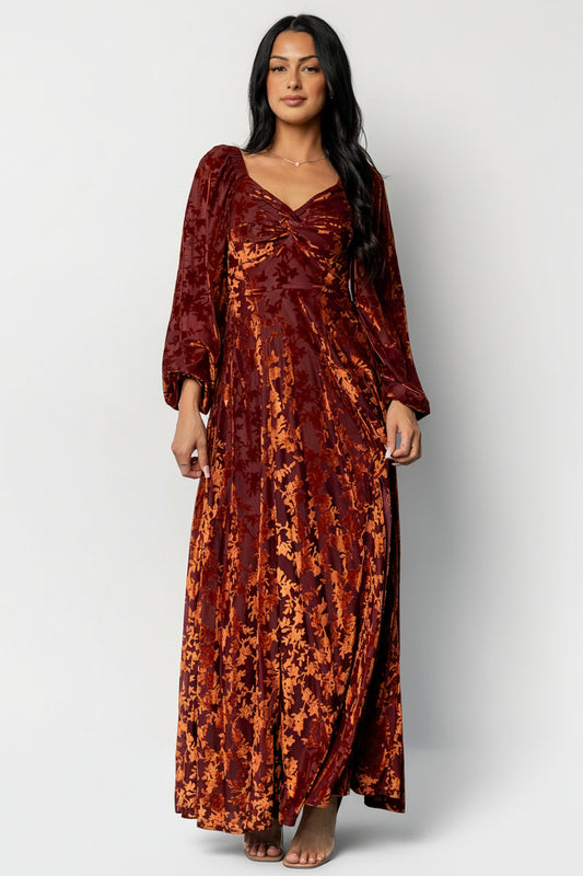 Front view of Aurora Velvet Maxi Dress in Clove + Copper Floral showing sweetheart neckline, knotted bust and full maxi skirt in burnout velvet.