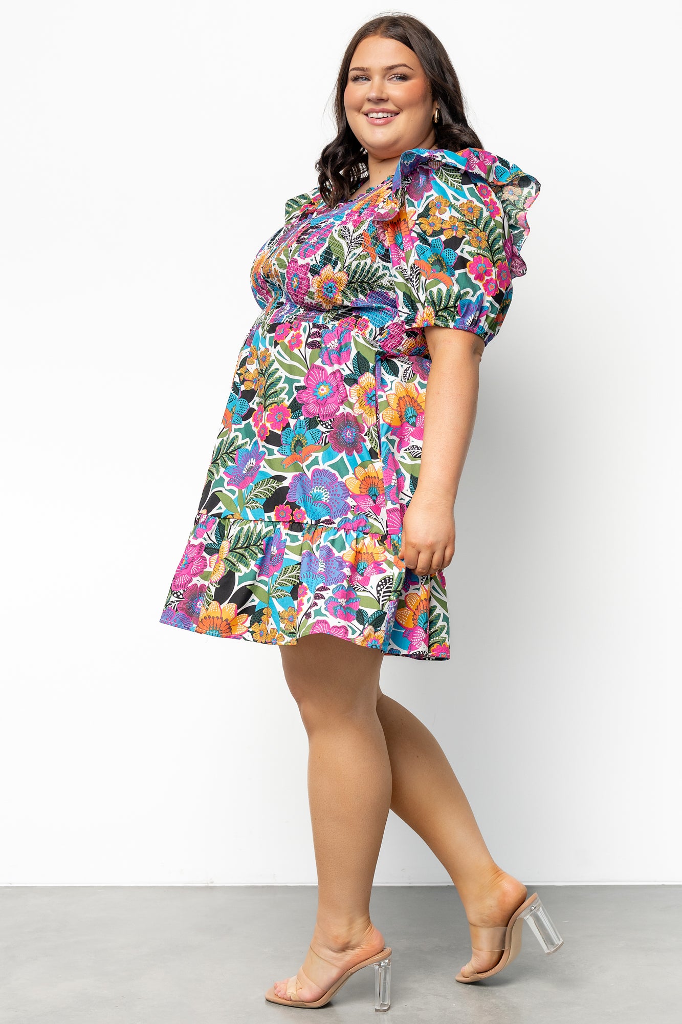 Baltic Born Womens Kyrie Puff Sleeve Short Dress | White Multi
