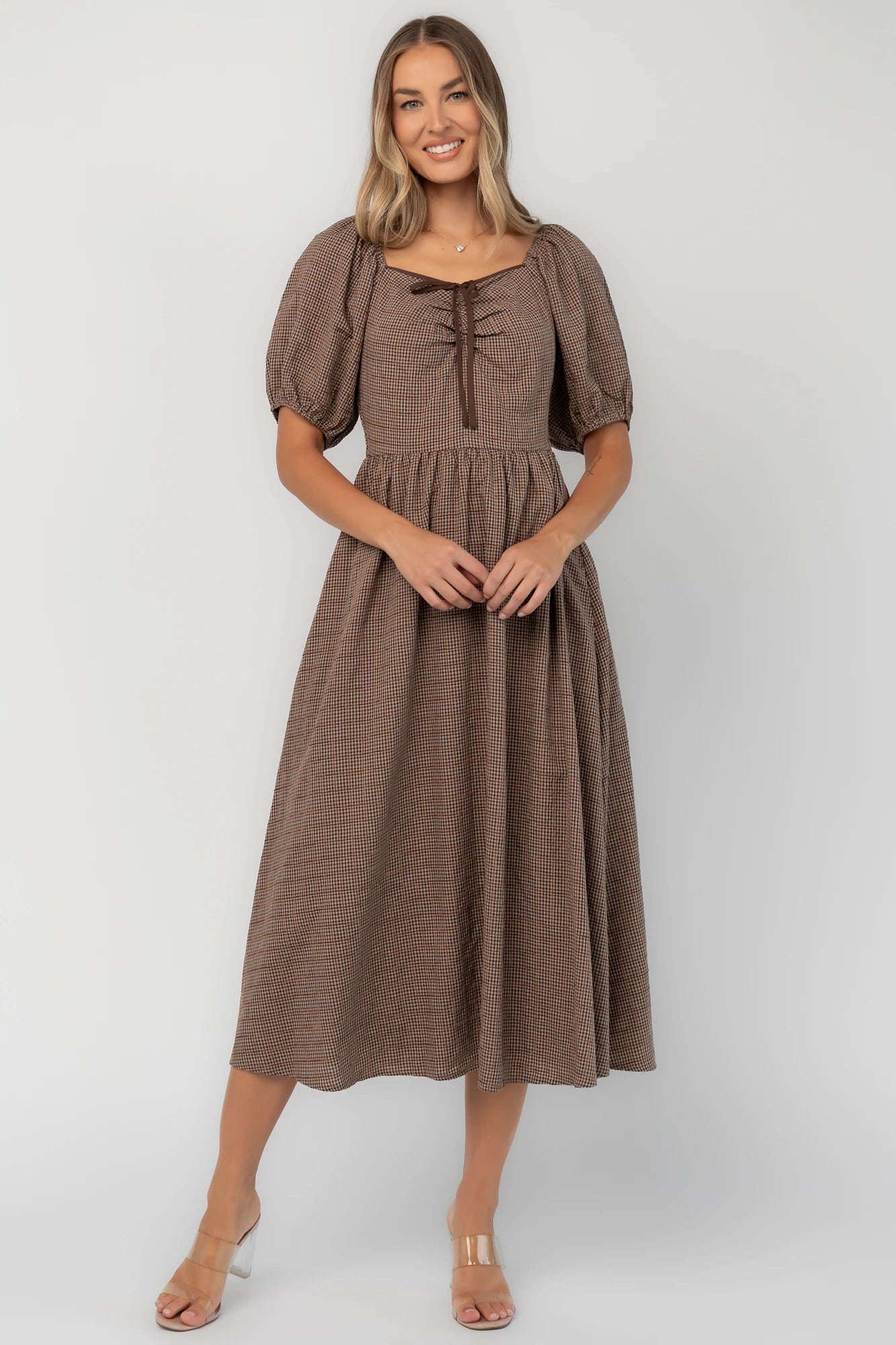 Baltic Born Womens Teddy Gingham Midi Dress | Mocha