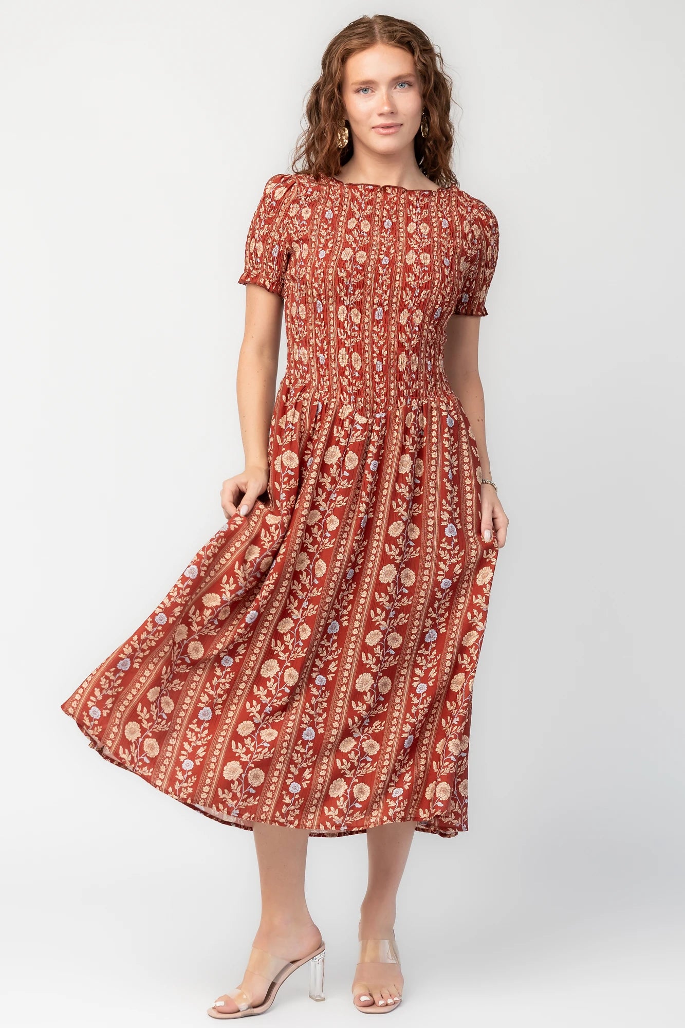 Rhonda Smocked Midi Dress | Rust Print