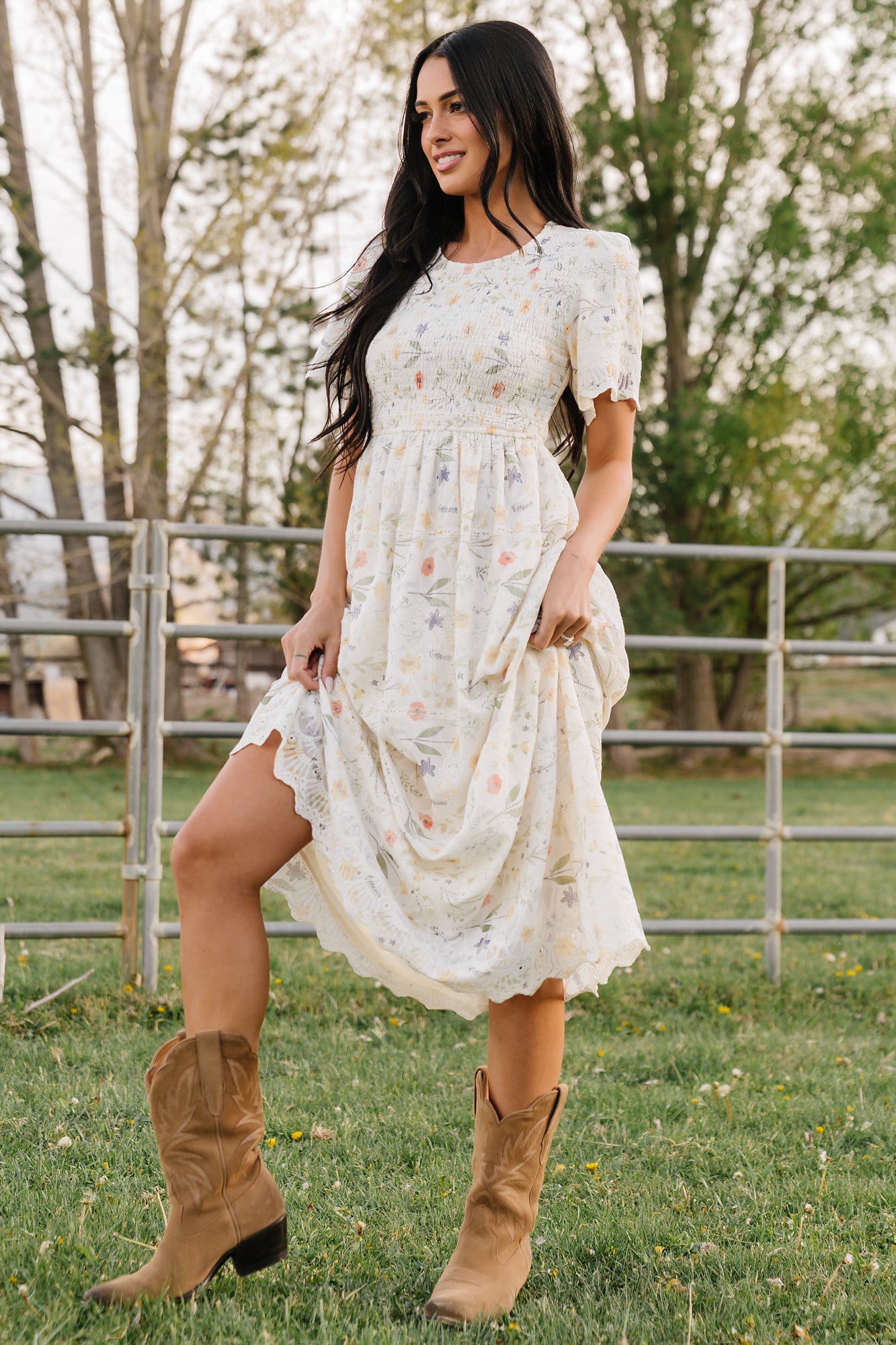 Maribel Lace Midi Dress — Cream Floral