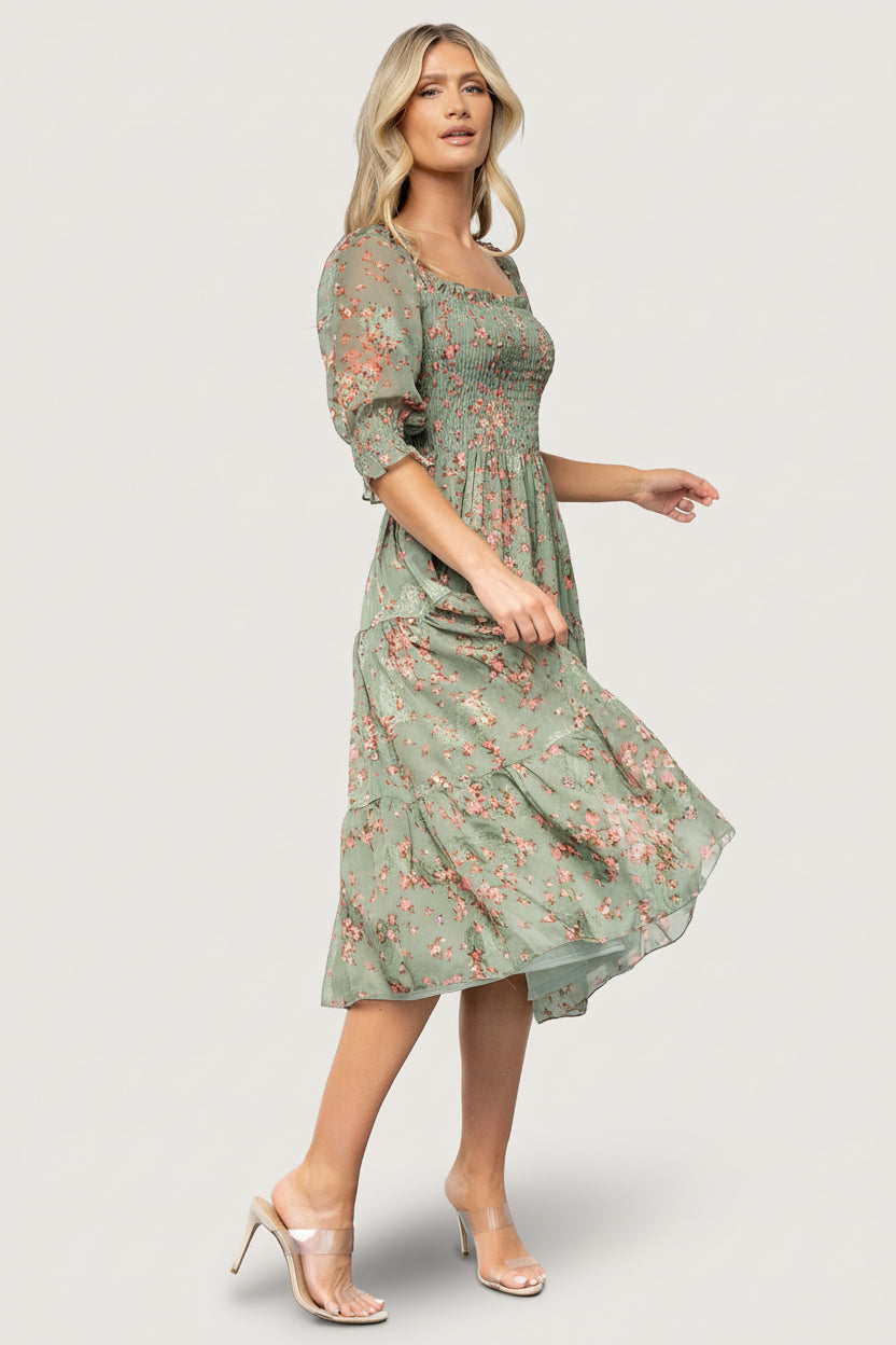 Fabian Jacquard Midi Dress | Eucalyptus + Pink