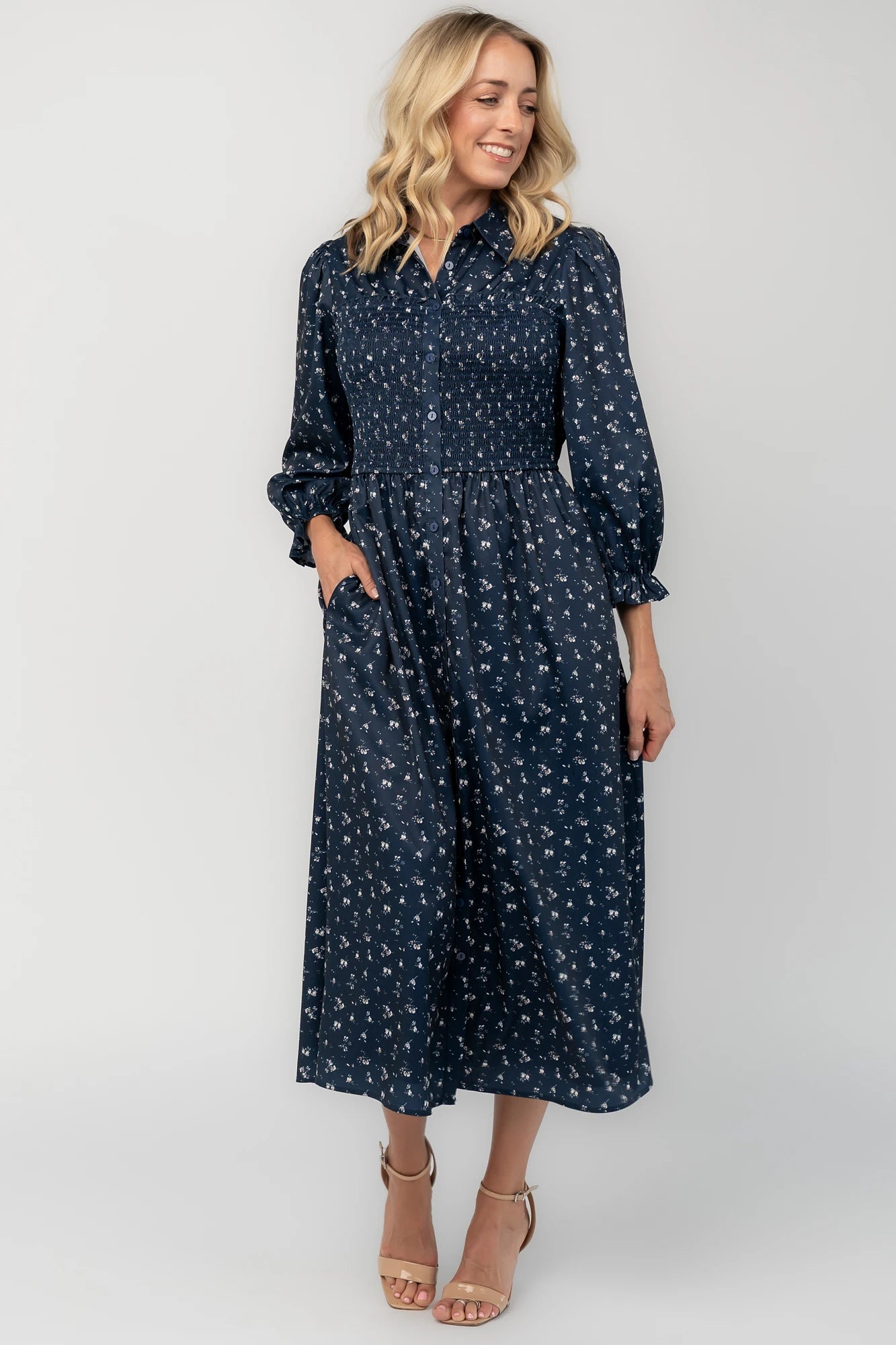 Janette Button Down Midi Dress | Navy Floral