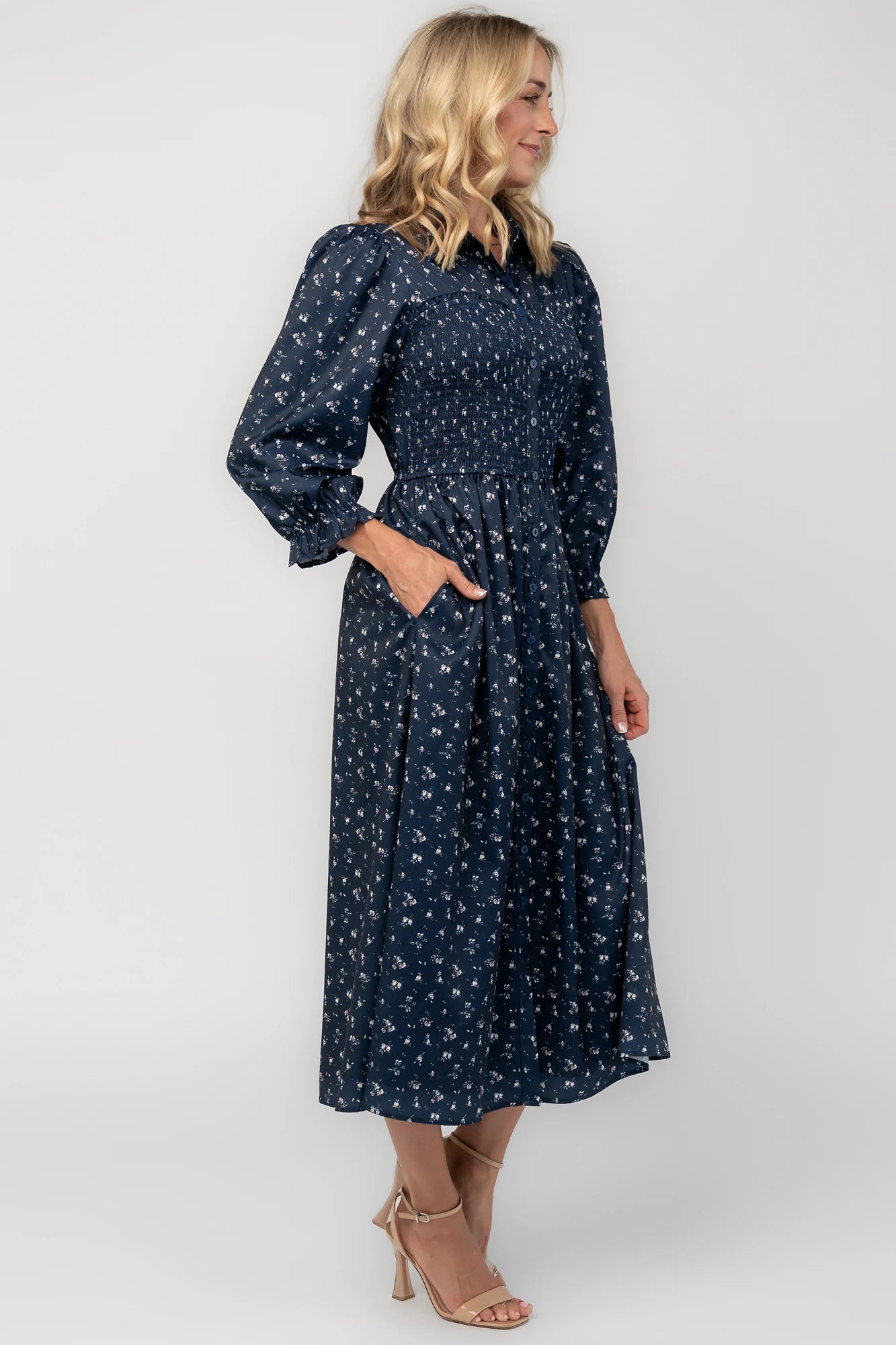 Janette Button Down Midi Dress | Navy Floral
