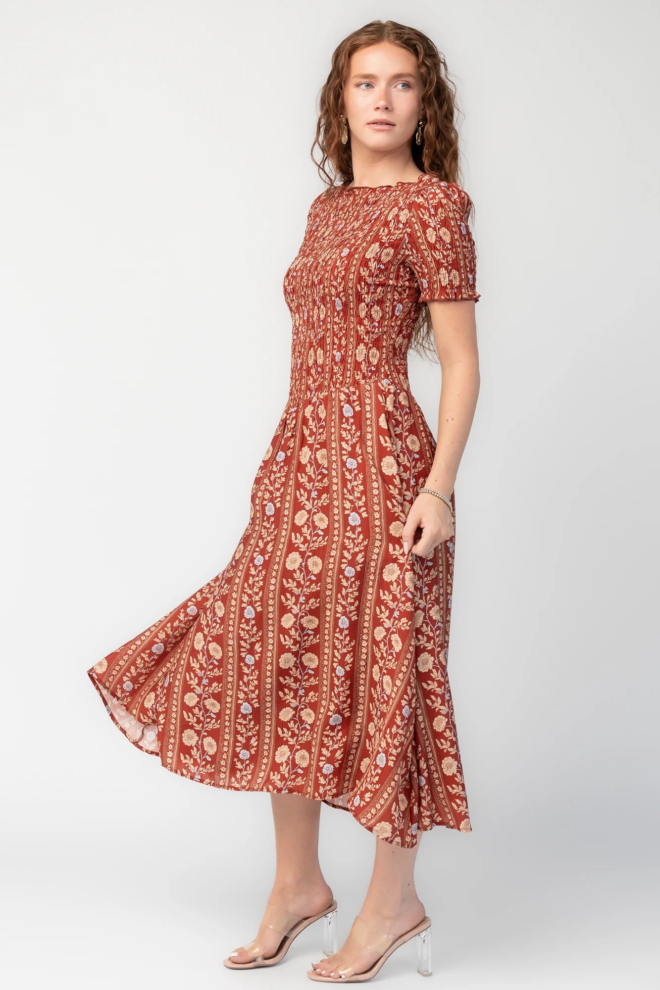 Rhonda Smocked Midi Dress | Rust Print