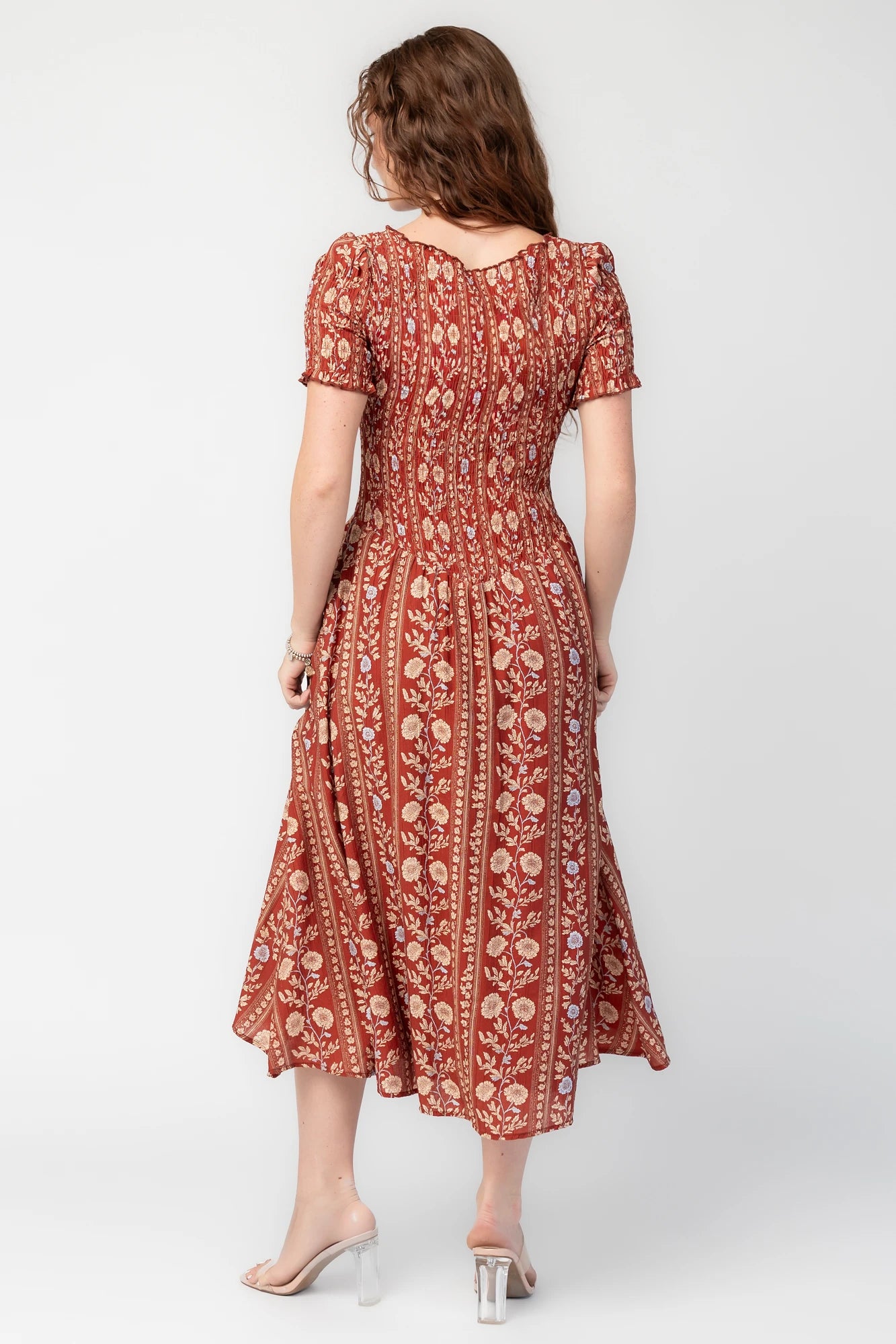 Rhonda Smocked Midi Dress | Rust Print
