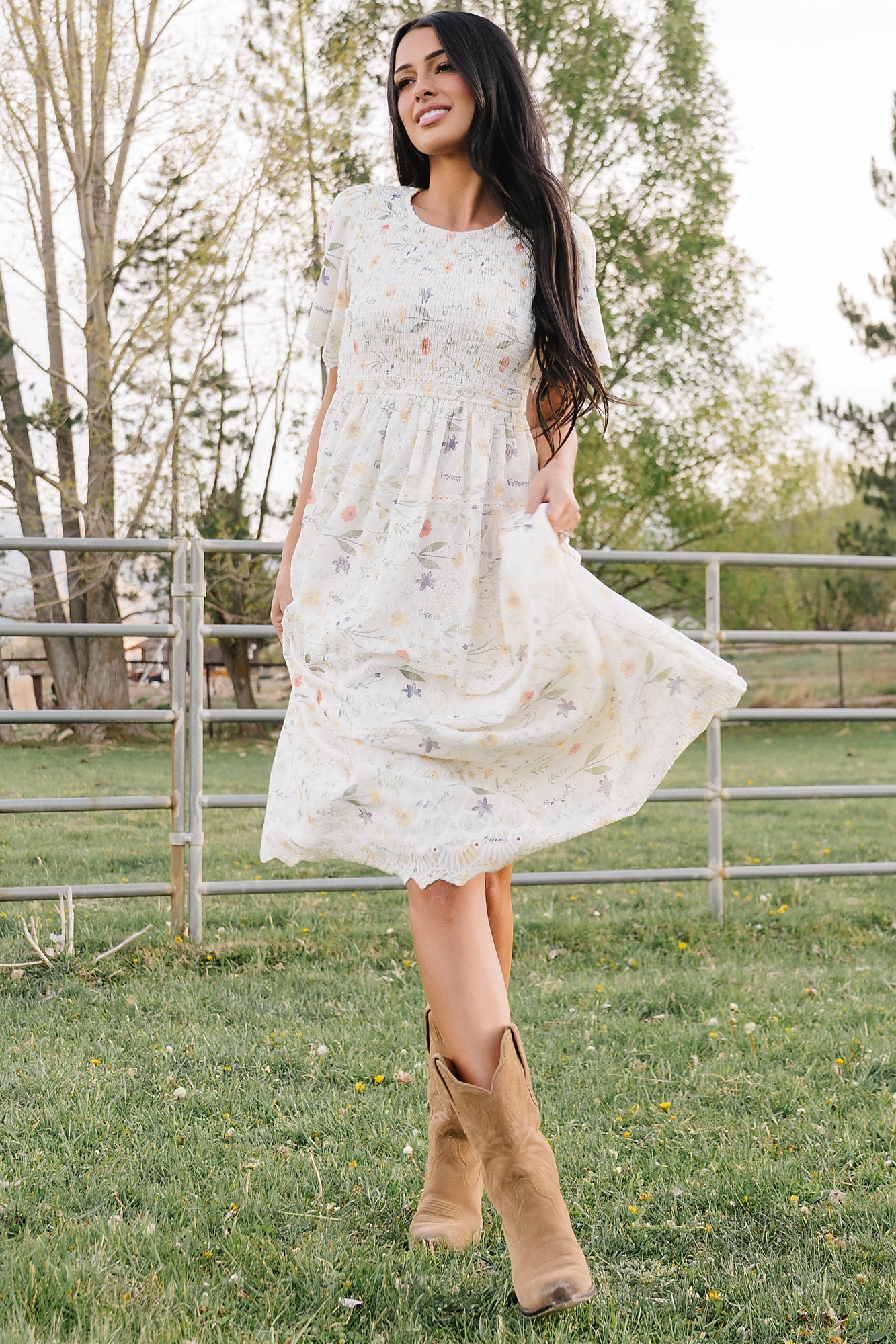 Maribel Lace Midi Dress — Cream Floral