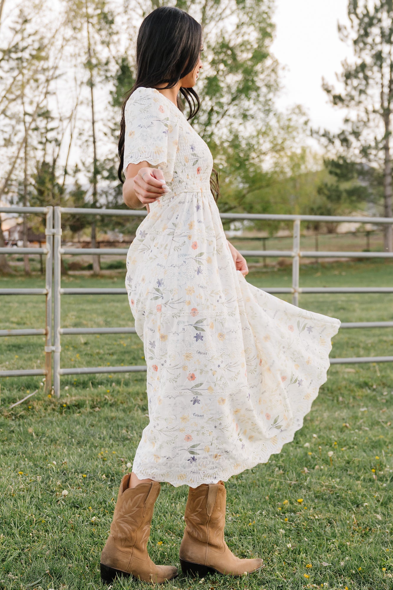 Maribel Lace Midi Dress — Cream Floral