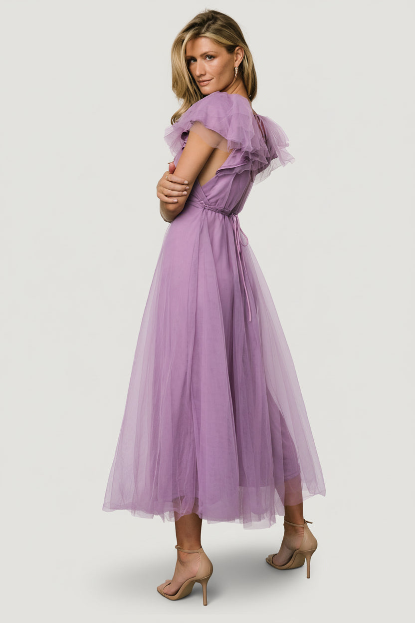Styled flat-lay and detail shot of Annabella Tulle Midi Dress lavender, showing removable waist tie, satin lining, and delicate tulle overlays.