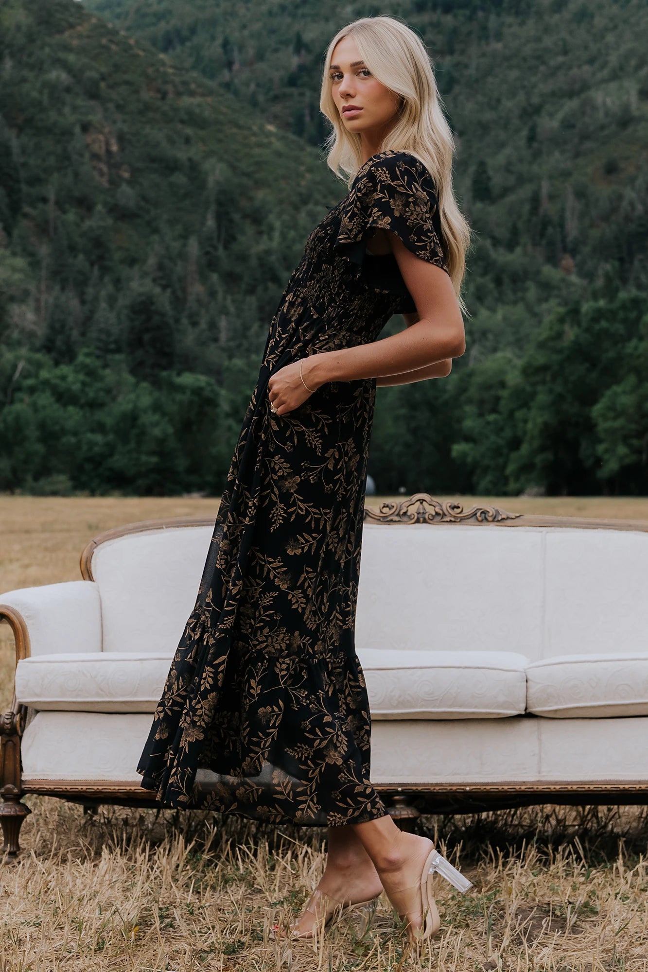 Monica Smocked Dress | Black + Gold