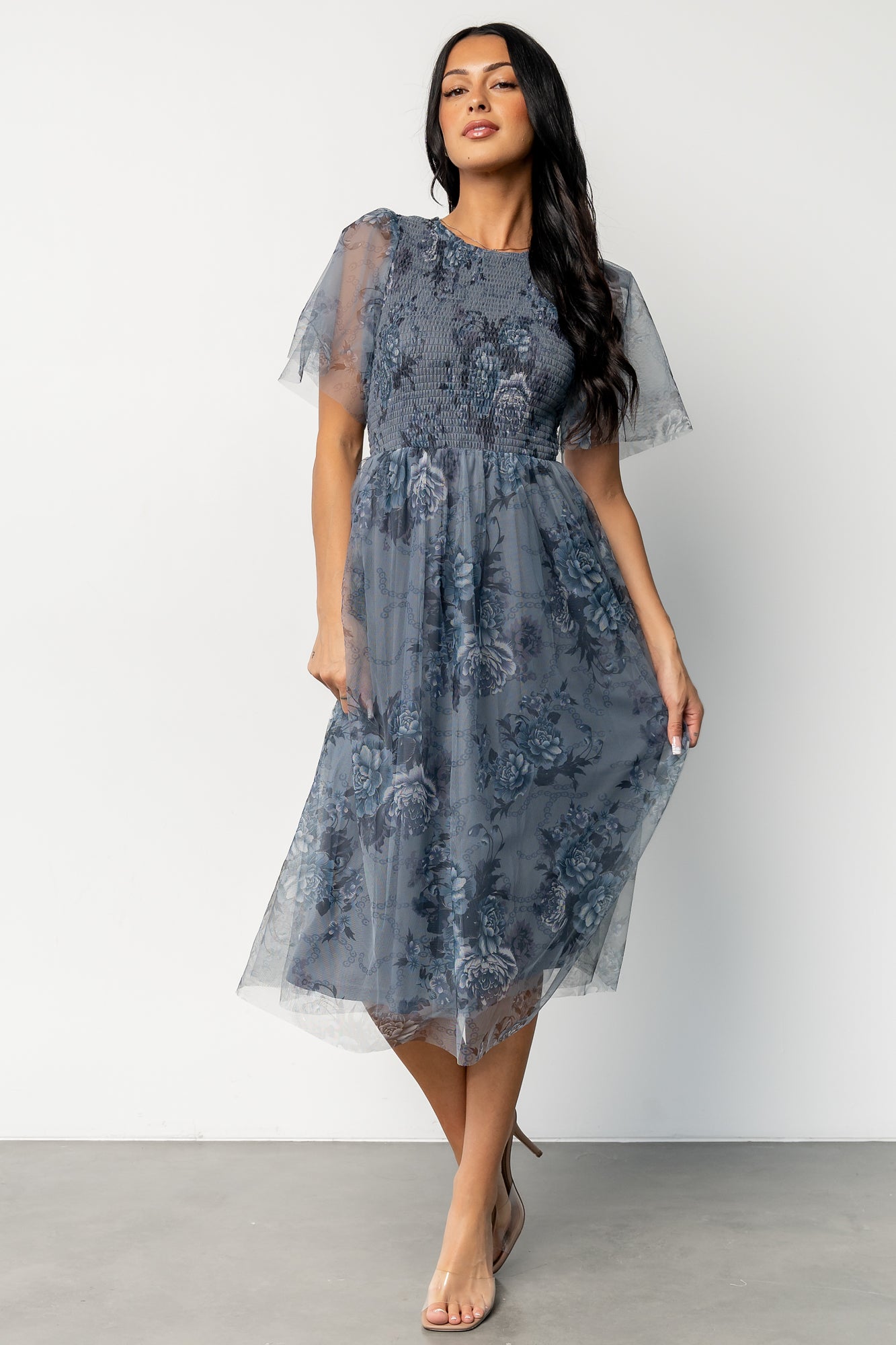 Josie Tulle Midi Dress | Dusty Blue Floral Josie Tulle Midi Dress | Dusty Blue Floral