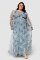 Full-length image of Layla light blue floral tulle maxi highlighting the floor-skimming hem, soft floral print, and elegant A-line silhouette.