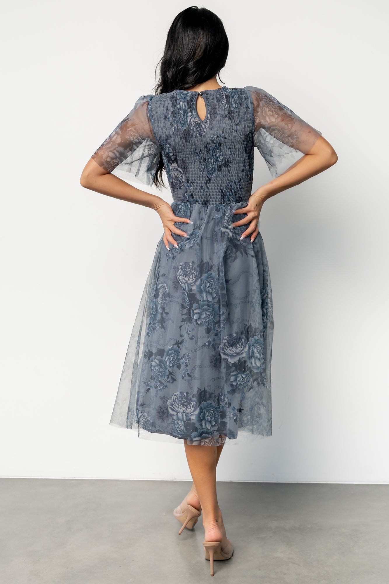 Baltic Born Womens Josie Tulle Midi Dress | Dusty Blue Floral | Size: Medium Baltic Born Womens Josie Tulle Midi Dress | Dusty Blue Floral | Size: Medium