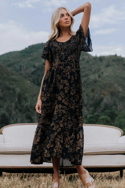 Monica Smocked Dress | Black + Gold