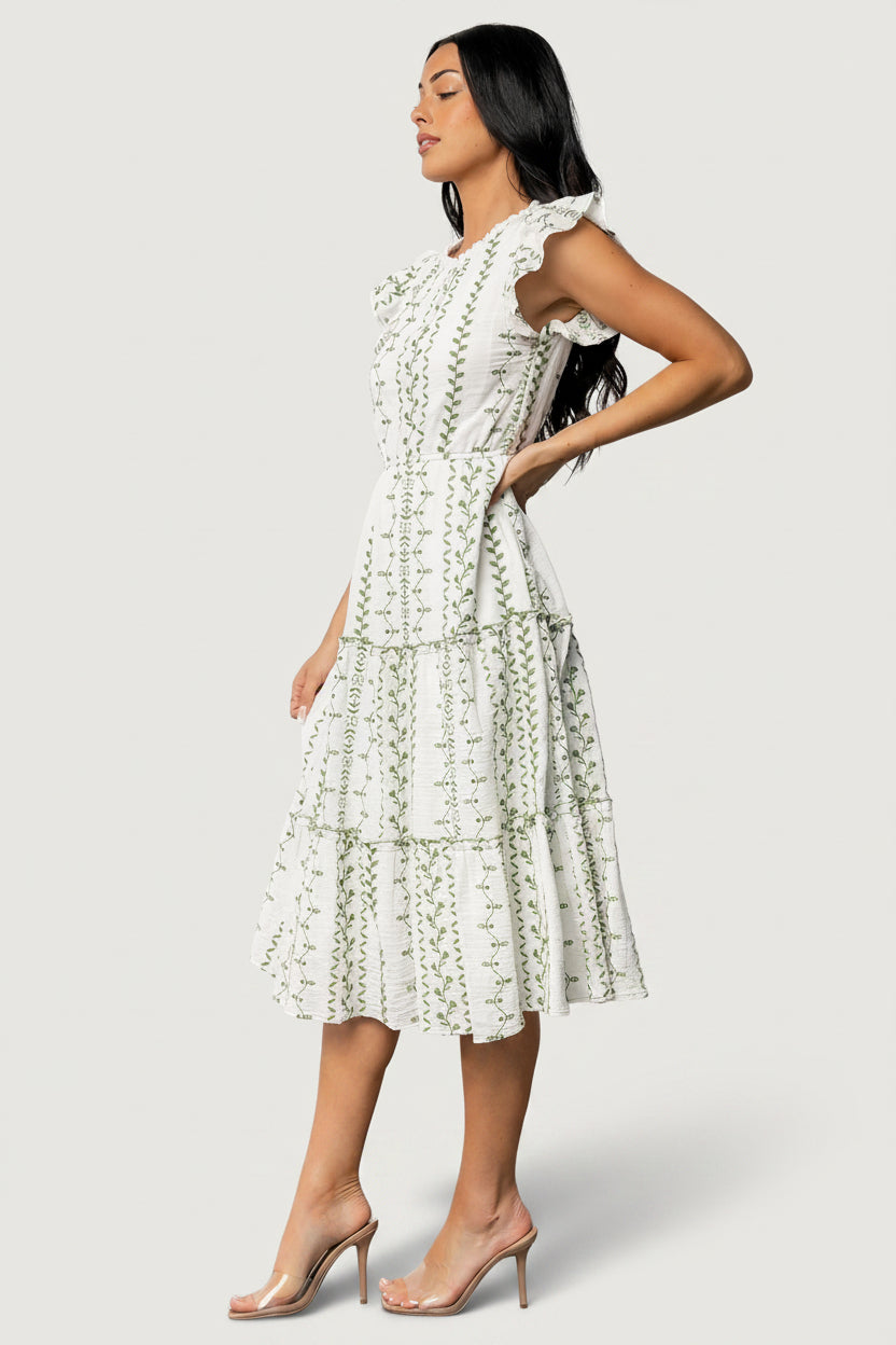 Frida Embroidered Midi Dress | White + Green Print