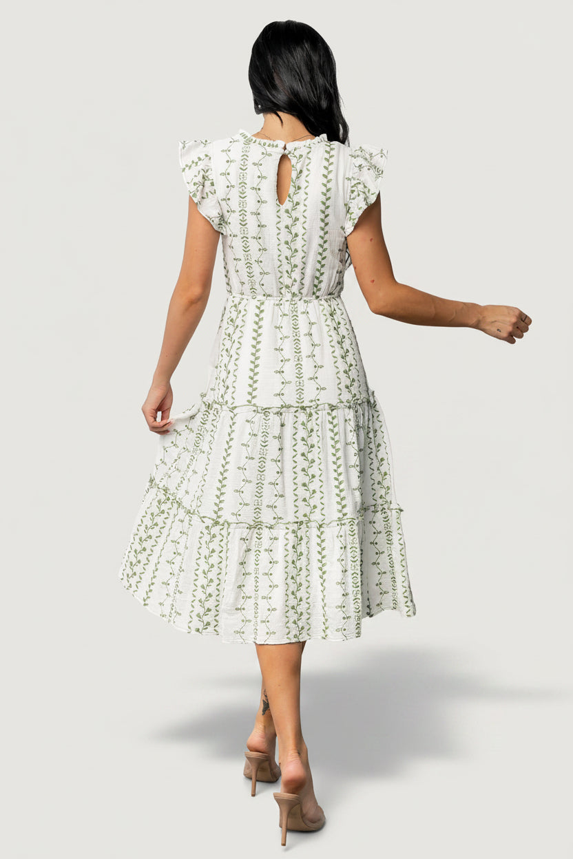 Frida Embroidered Midi Dress | White + Green Print