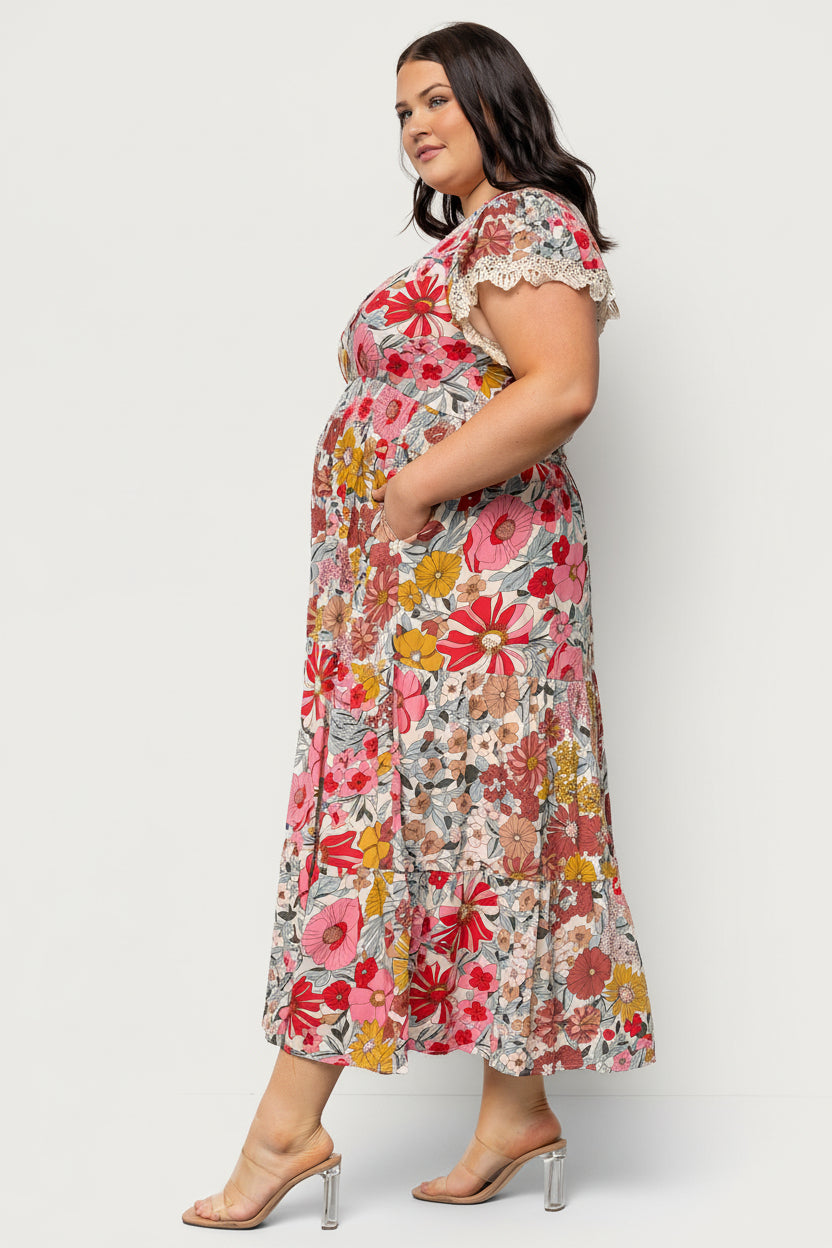 Side view showing Aliyah midi dress pockets and gentle drape of rayon fabric, highlighting ease and everyday wearability.