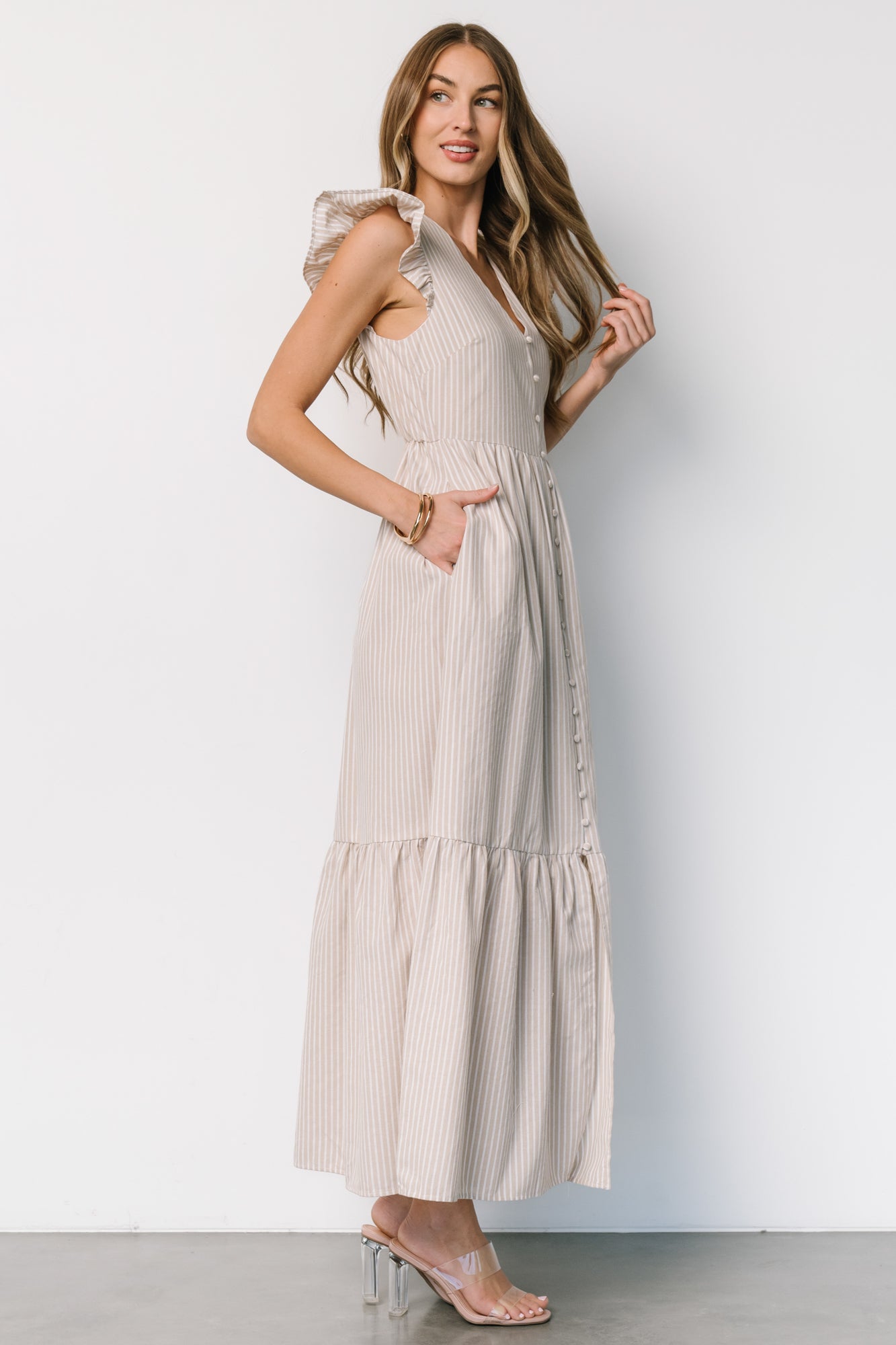 Hettie Button Maxi Dress | Beige Stripe