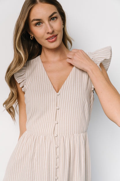 Hettie Button Maxi Dress | Beige Stripe