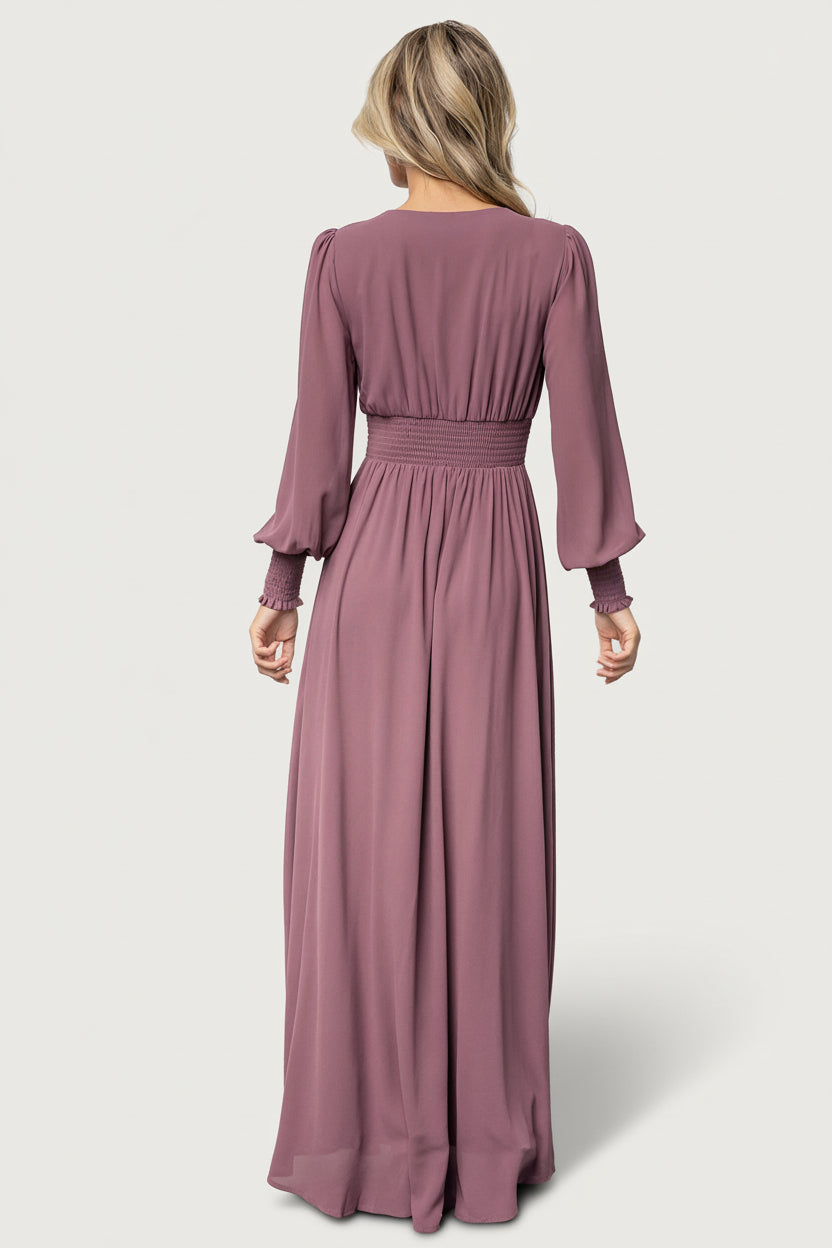 Detail shot of the Olivia Maxi Dress bodice and V-neckline in vintage plum, showing lining and seam placement.