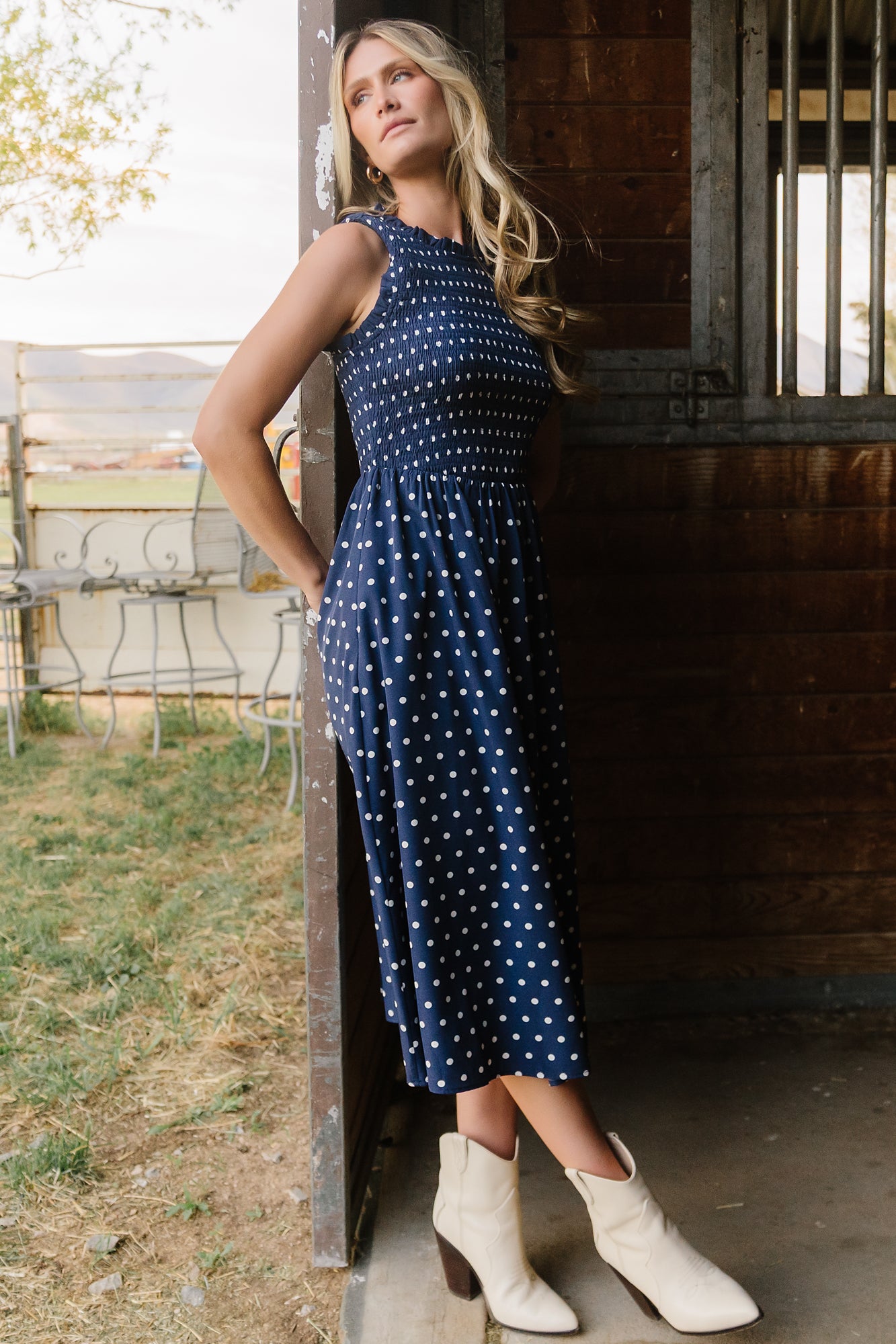Baltic Born Womens Alex Smocked Midi Dress | Navy Dot