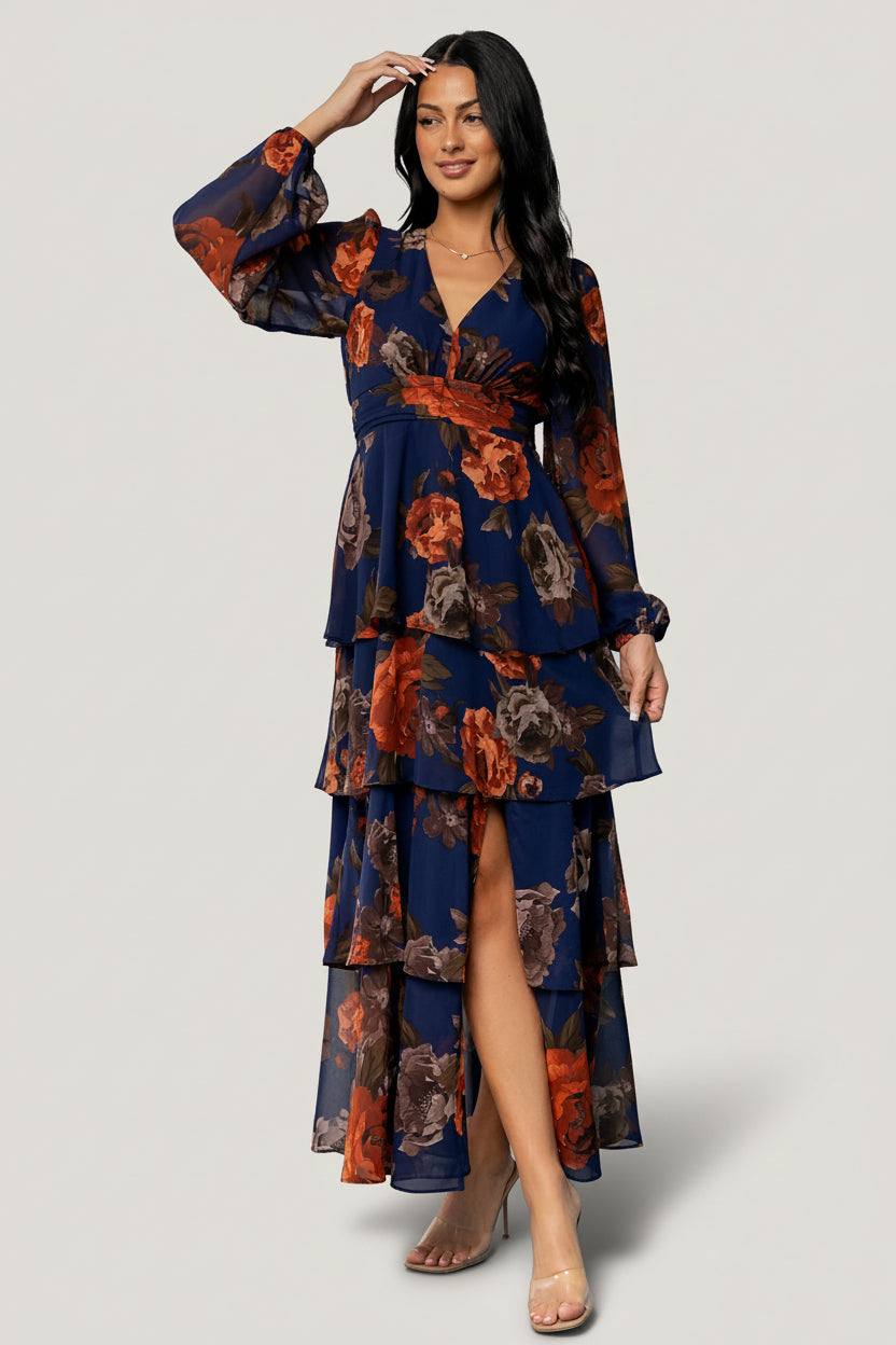 Baltic Born Womens Mariella Tiered Maxi Dress | Navy + Rust
