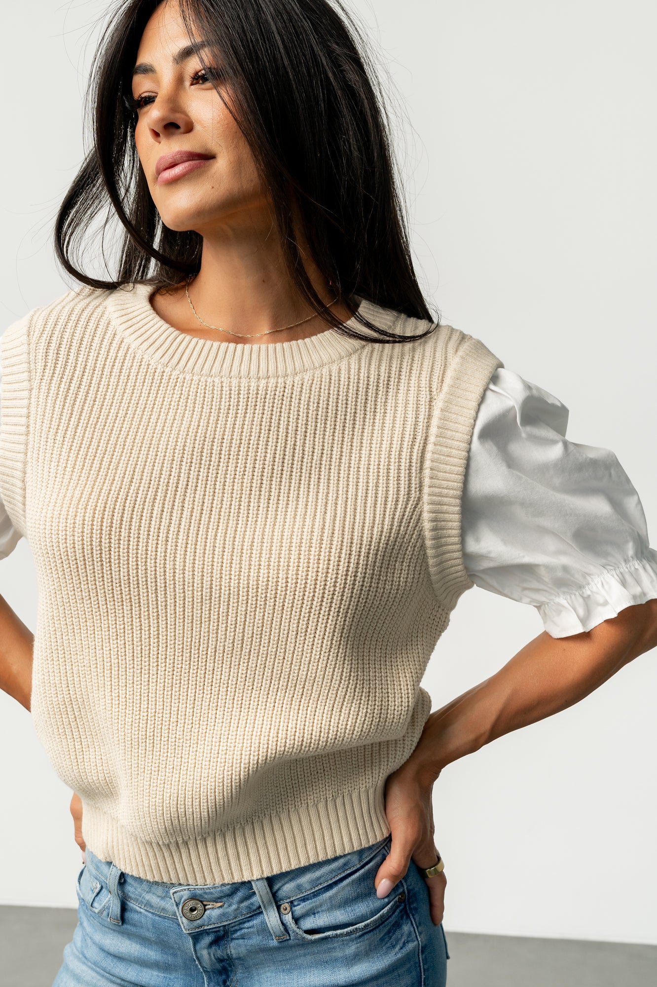 Back and side view of the Taylor Puff Sleeve Top highlighting the clean back silhouette and attached puff sleeve shaping.
