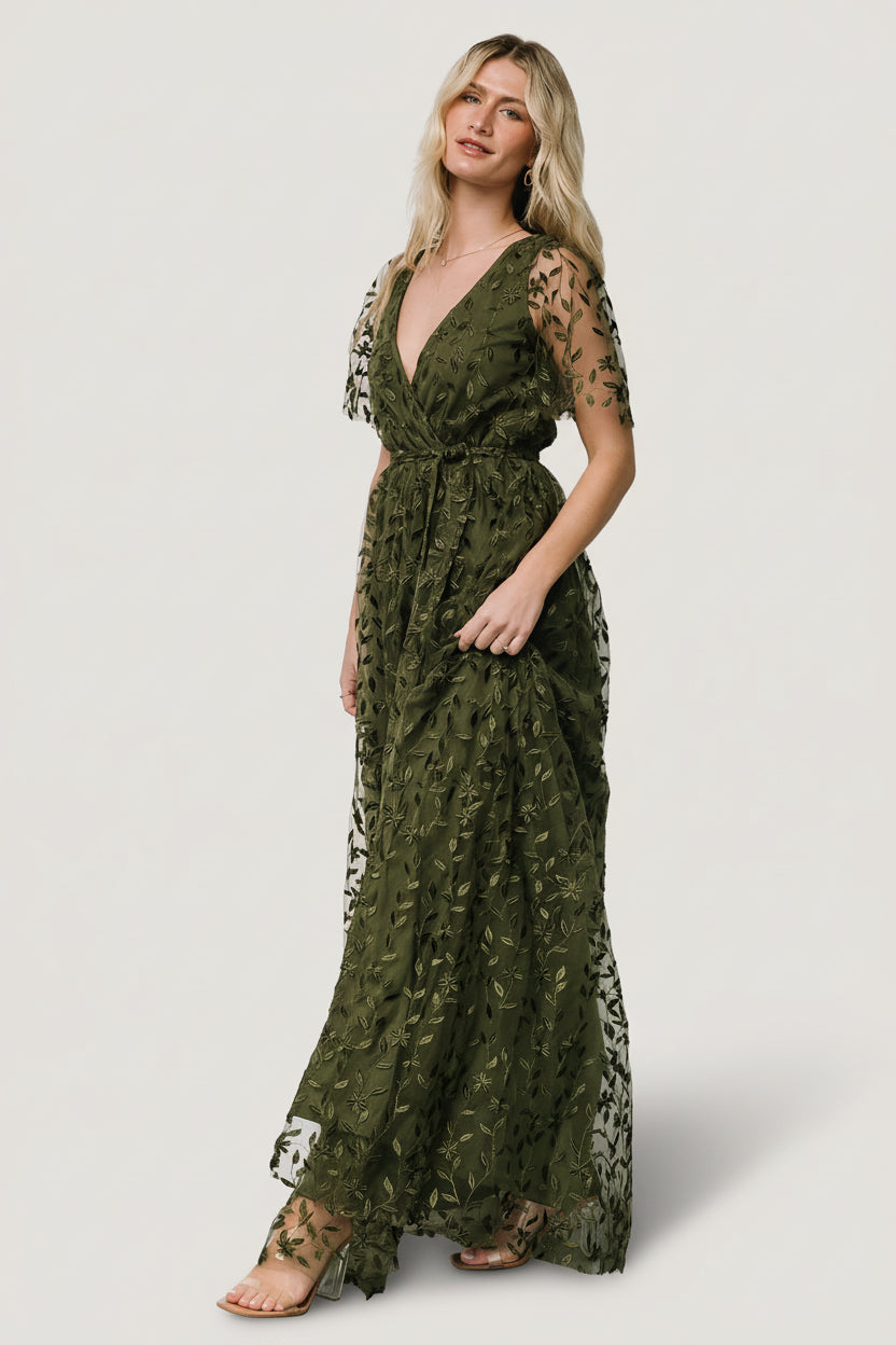 Marseille Embossed Maxi Dress - Olive | Baltic Born S Marseille Embossed Maxi Dress - Olive | Baltic Born S