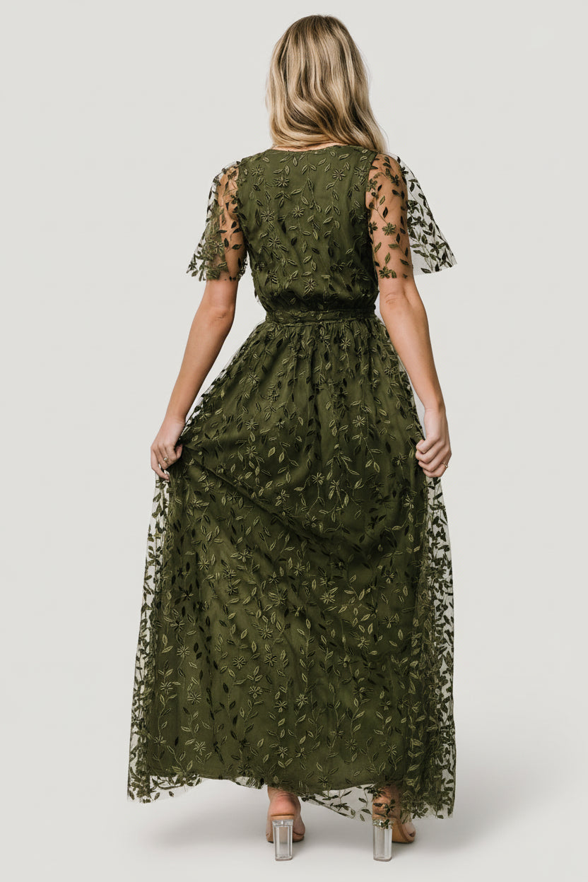 olive green lace dress Baltic Born Womens Marseille Embossed Maxi Dress | Olive