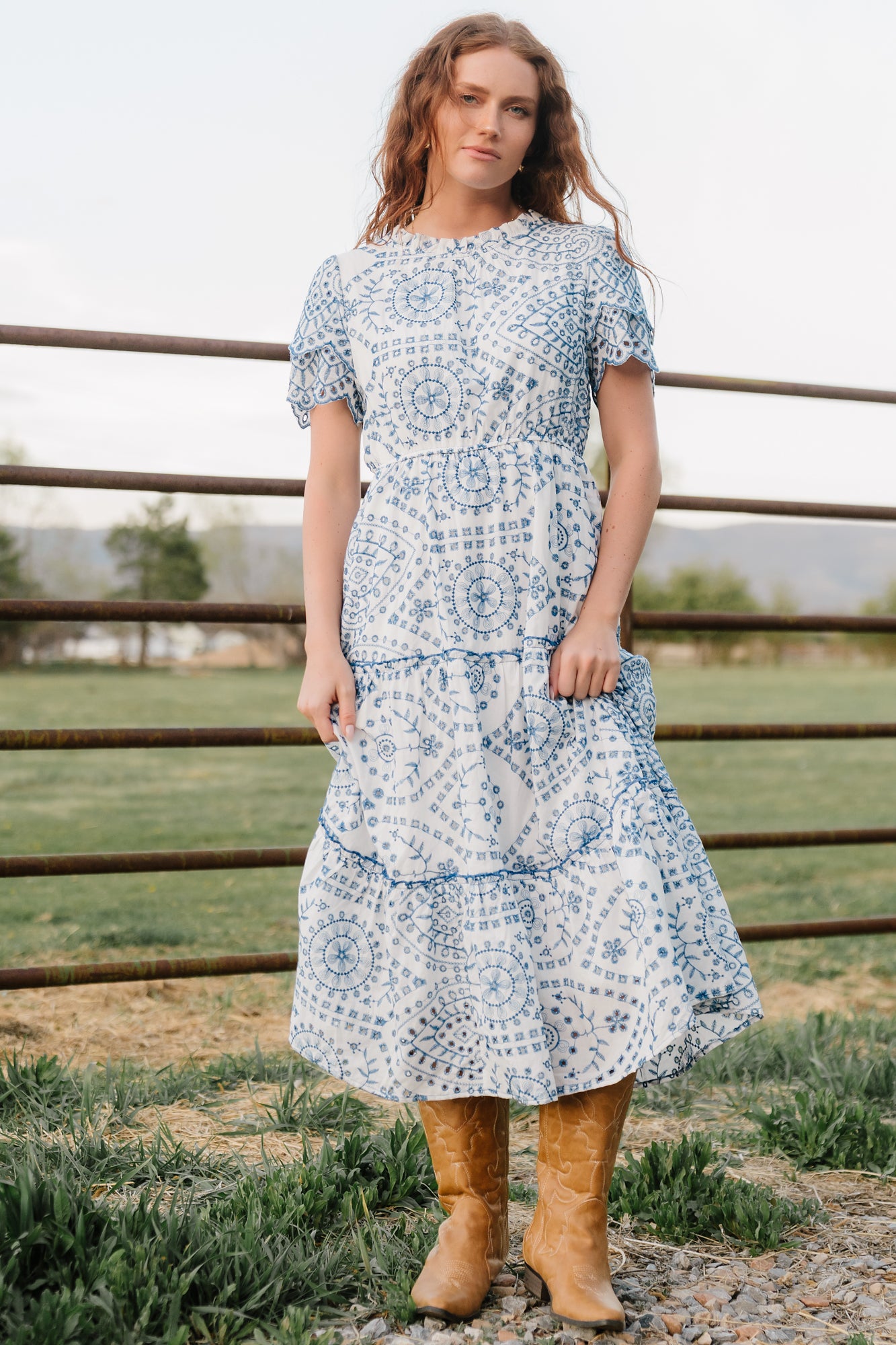 Mirabel Eyelet Midi Dress - White & Blue