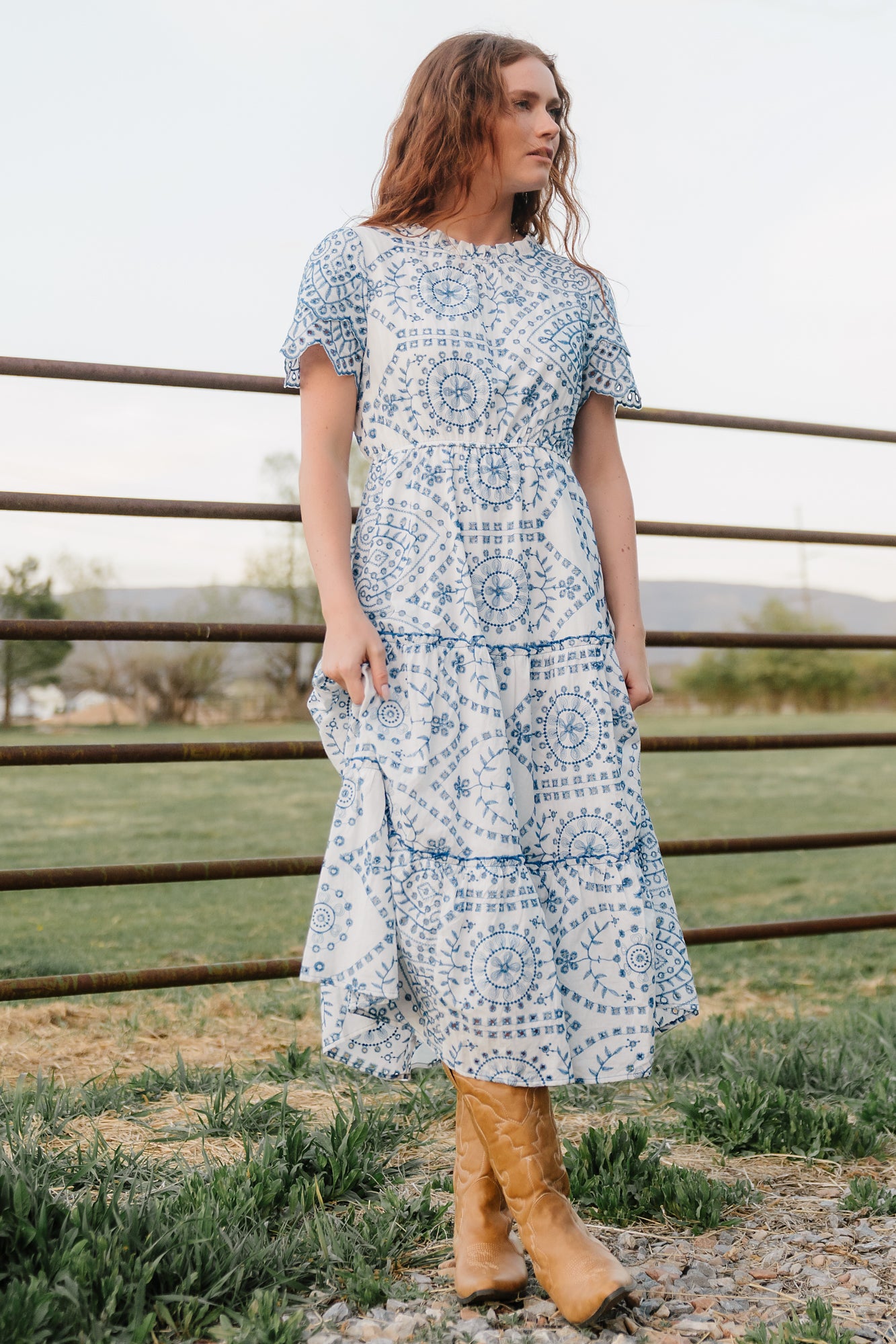 Baltic Born Womens Mirabel Eyelet Midi Dress | White + Blue