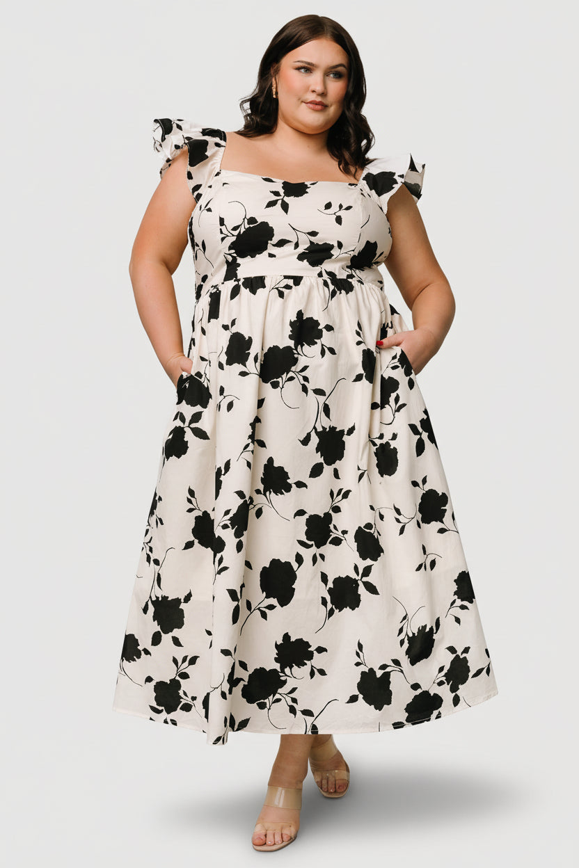 Bridget Midi Dress Ivory & Black Floral | Baltic Born S Bridget Midi Dress Ivory & Black Floral | Baltic Born S