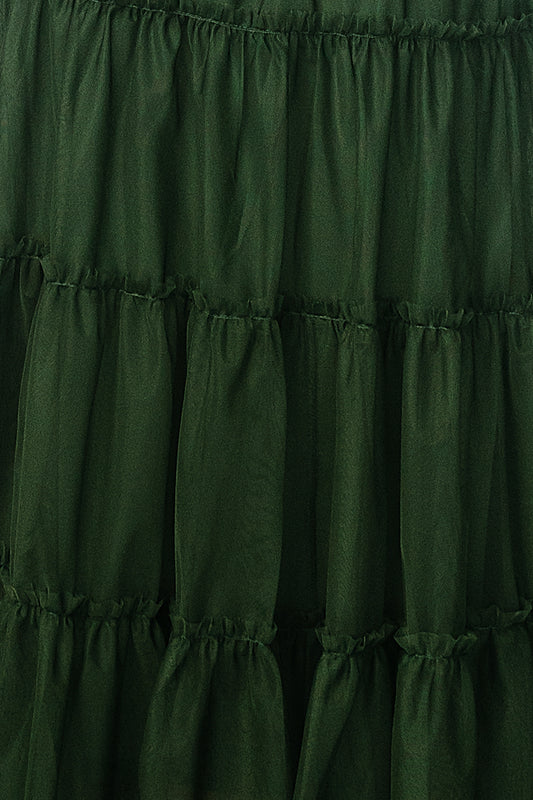 Close-up of Emma Tulle fabric swatch in Green, approx. 3 x 4 inches, showing sheer tulle texture and subtle color depth.