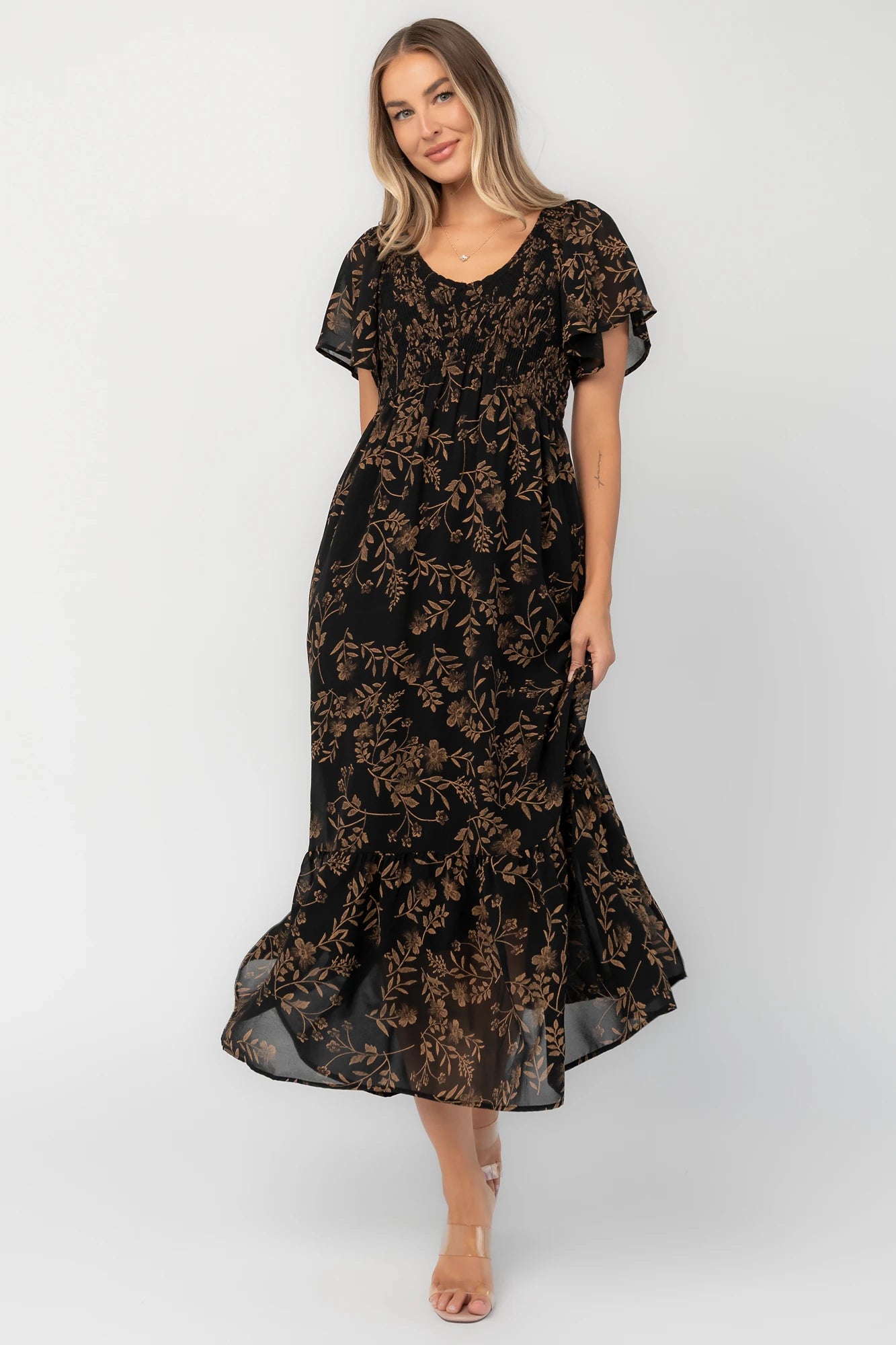 Monica Smocked Dress | Black + Gold