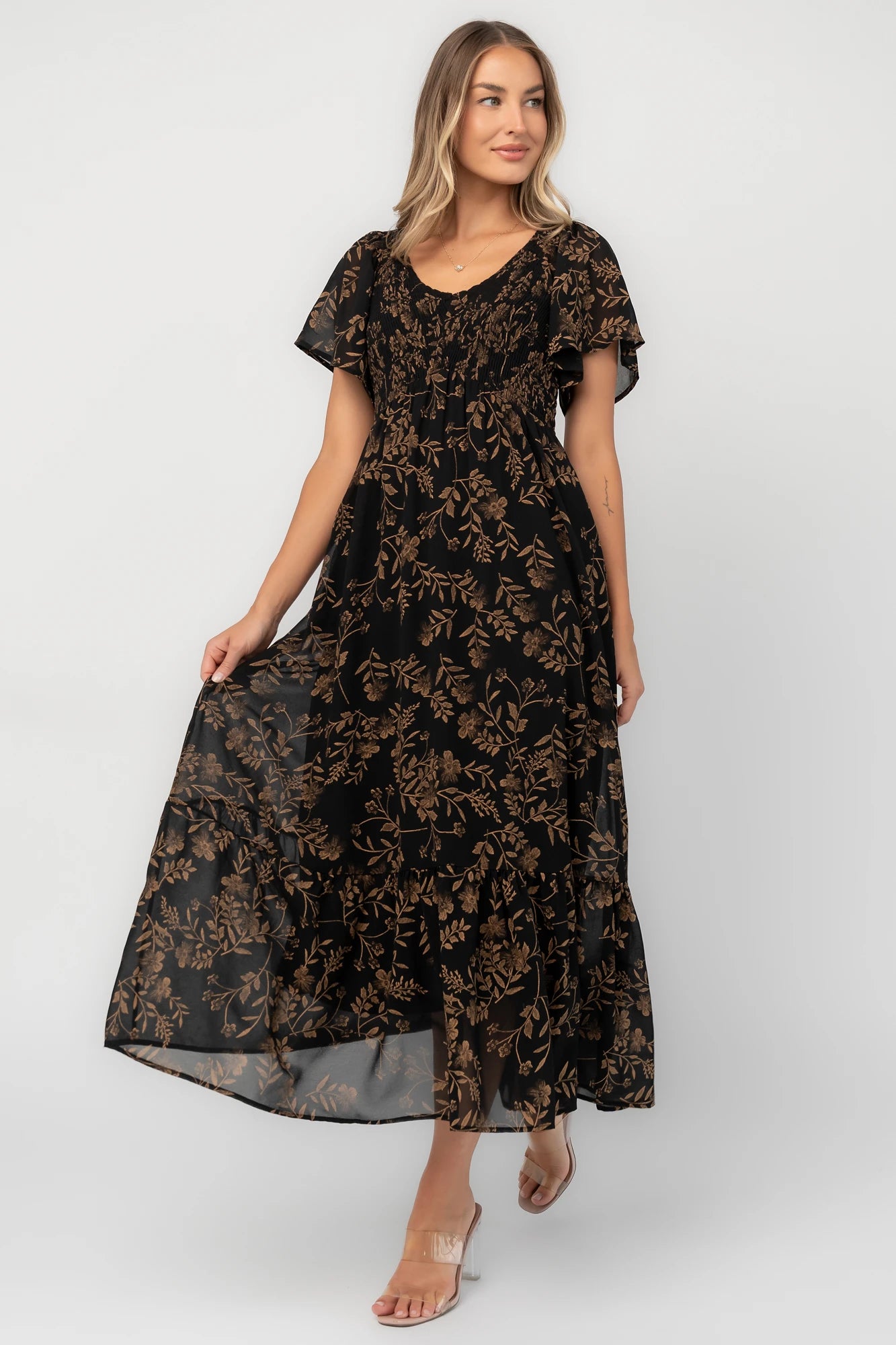 Monica Smocked Dress | Black + Gold