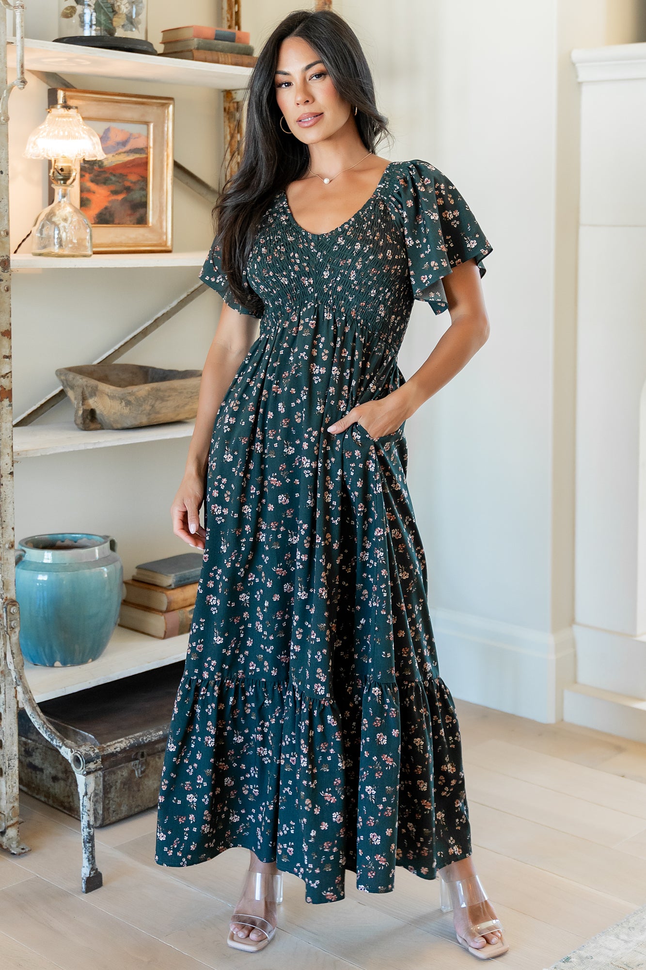Baltic Born Womens Jerah Smocked Dress | Deep Jade Floral