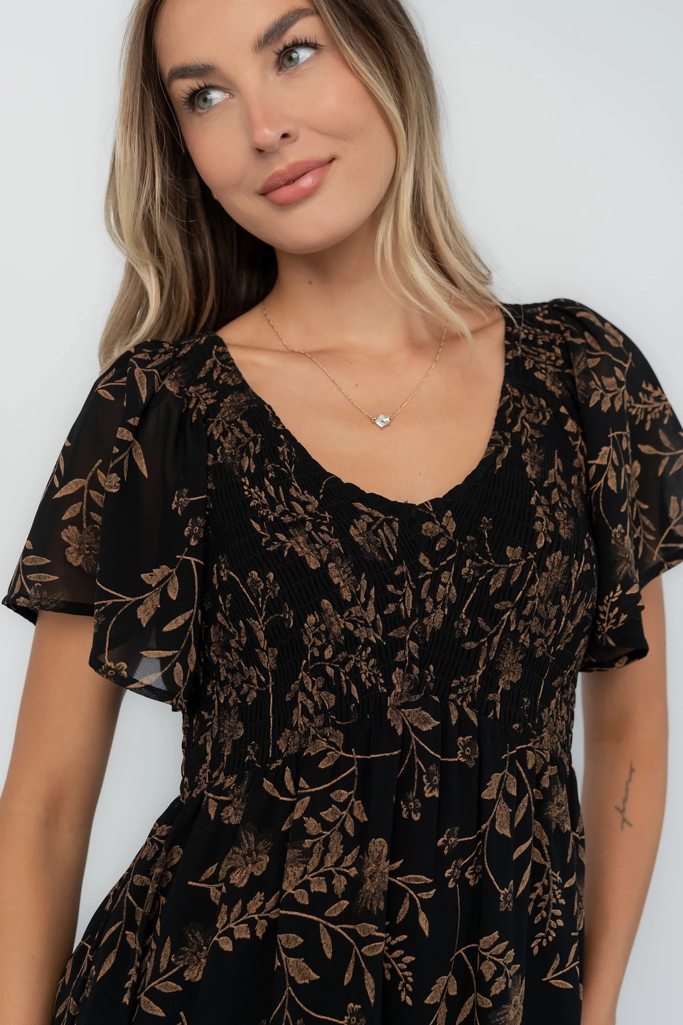 Monica Smocked Dress | Black + Gold