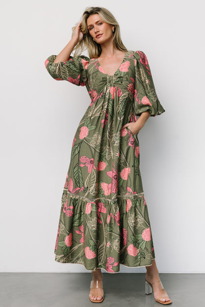 Lonna Dress | Olive + Fuschia Floral