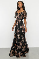 Close-up of floral sequin embroidery on mesh overlay with subtle shimmer and lightweight sequin placement detail.