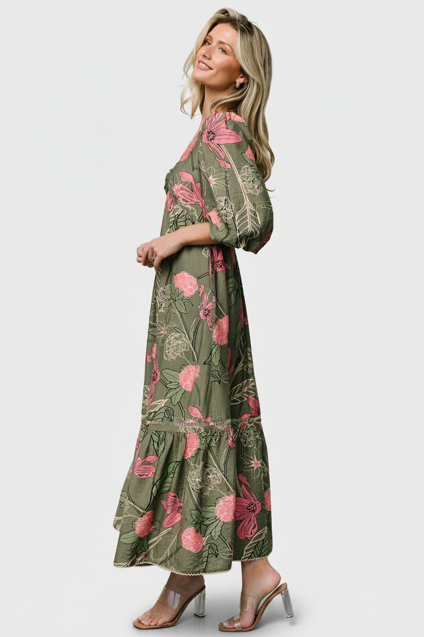 Baltic Born Womens Lonna Dress | Olive + Fuschia Floral | Size: Medium Baltic Born Womens Lonna Dress | Olive + Fuschia Floral | Size: Medium