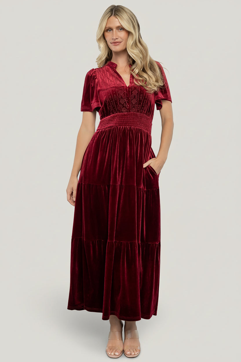 Maida Embroidered Velvet Dress | Cranberry Maida Embroidered Velvet Dress | Cranberry