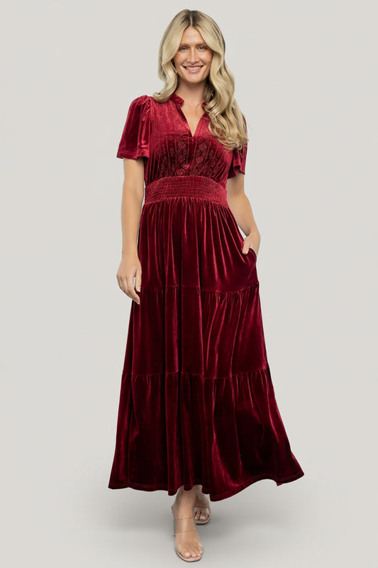Maida Embroidered Velvet Maxi Dress Cranberry | Baltic Born Maida Embroidered Velvet Maxi Dress Cranberry | Baltic Born