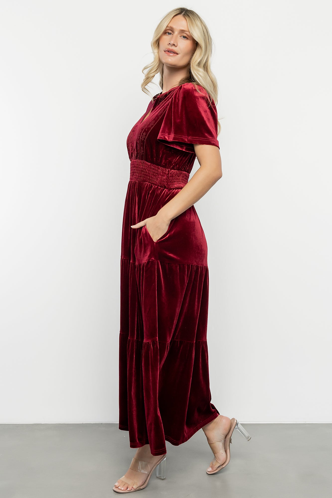 Maida Embroidered Velvet Dress | Cranberry