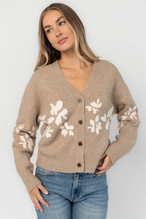 Taupe floral knit cardigan with a V-neckline, button-front closure, long sleeves, ribbed trim, and a relaxed silhouette.