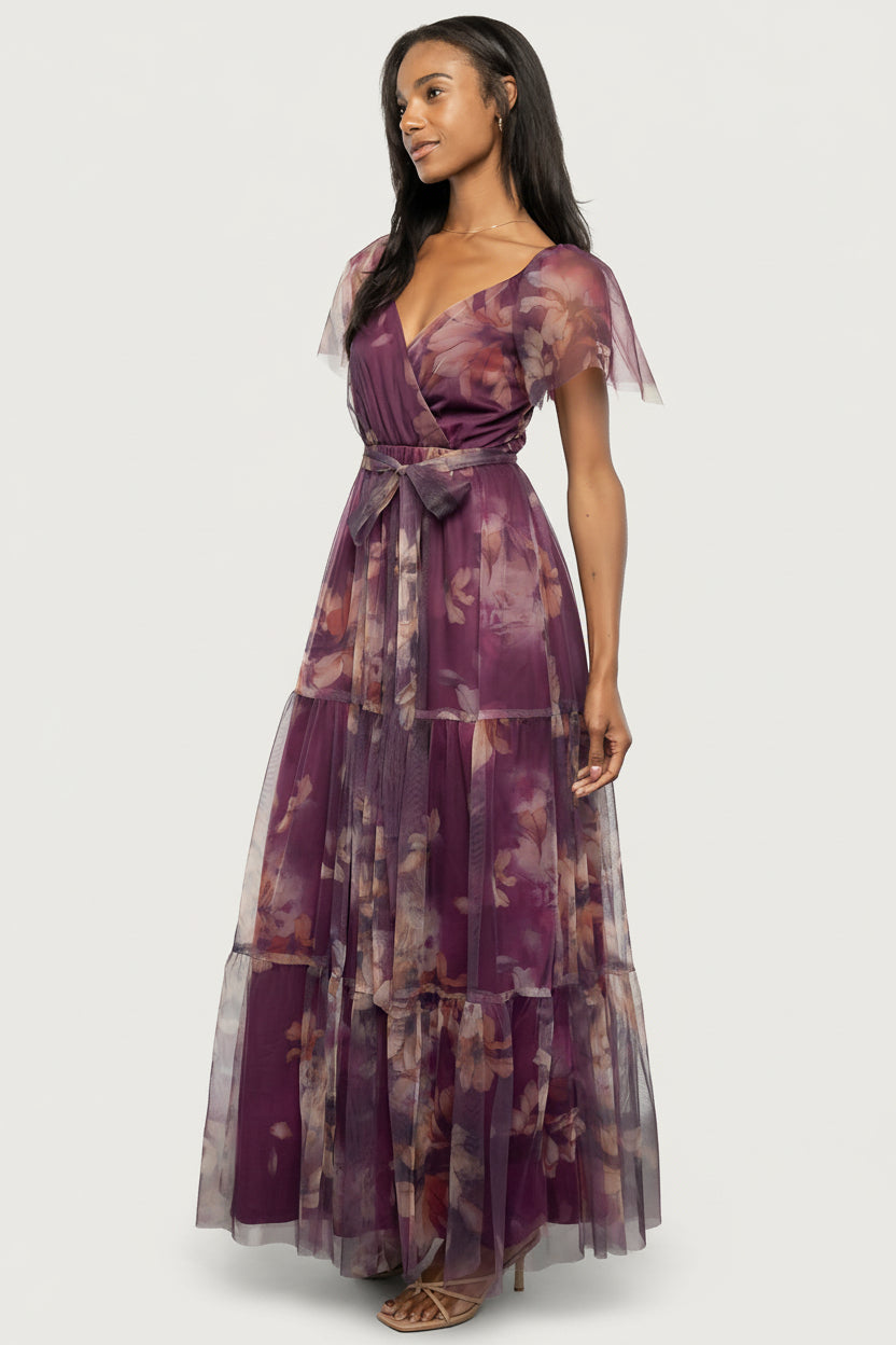 Nicola Tulle Maxi Dress | Aubergine Floral