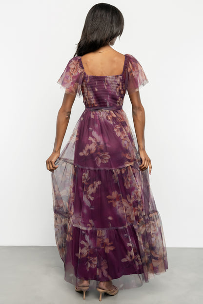 Nicola Tulle Maxi Dress | Aubergine Floral