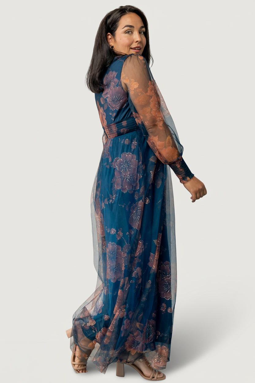Baltic Born Womens Layla Tulle Maxi Dress | Copper + Blue Metallic