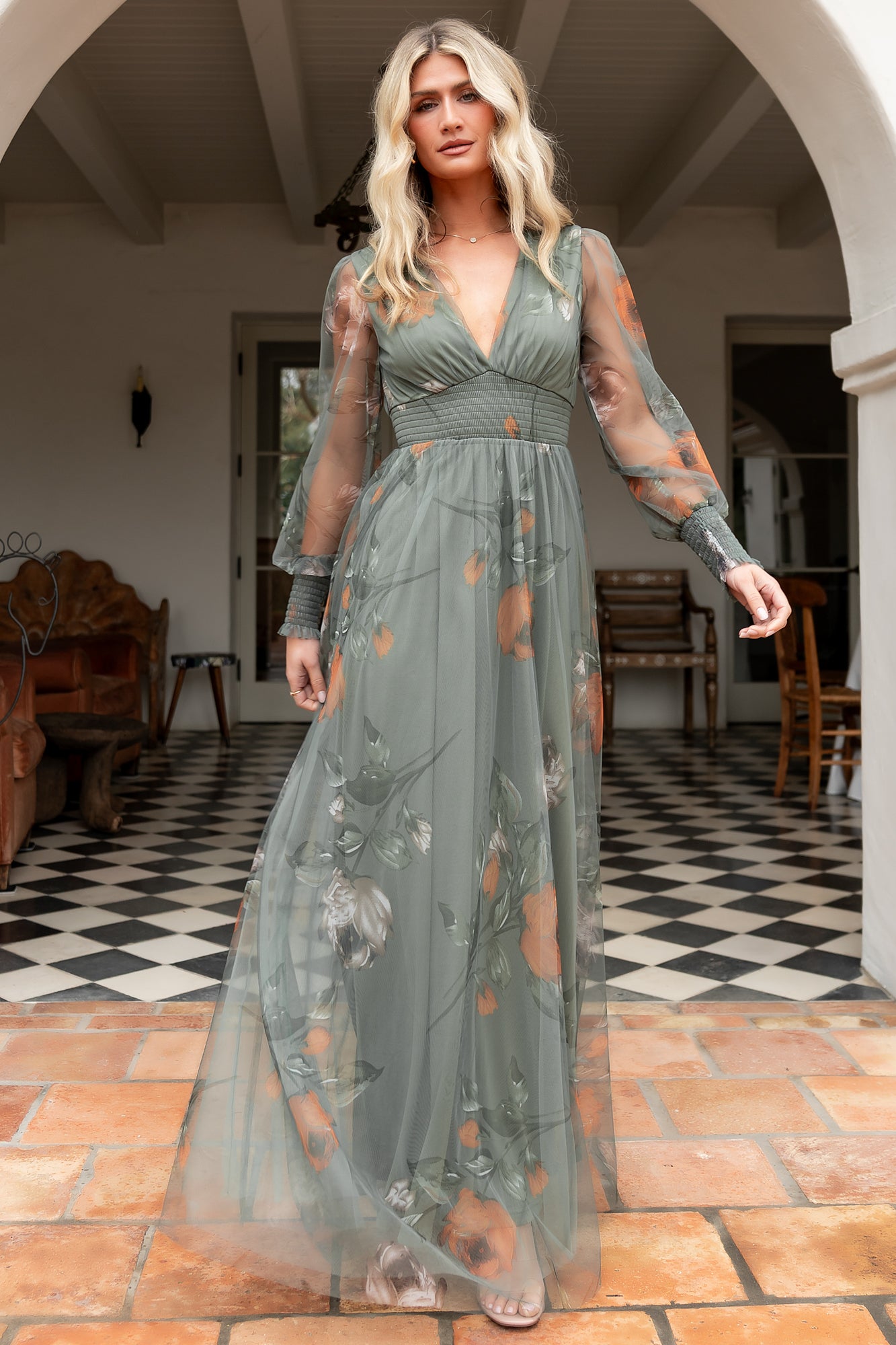 Layla Tulle Maxi Dress - Dusty Olive Floral