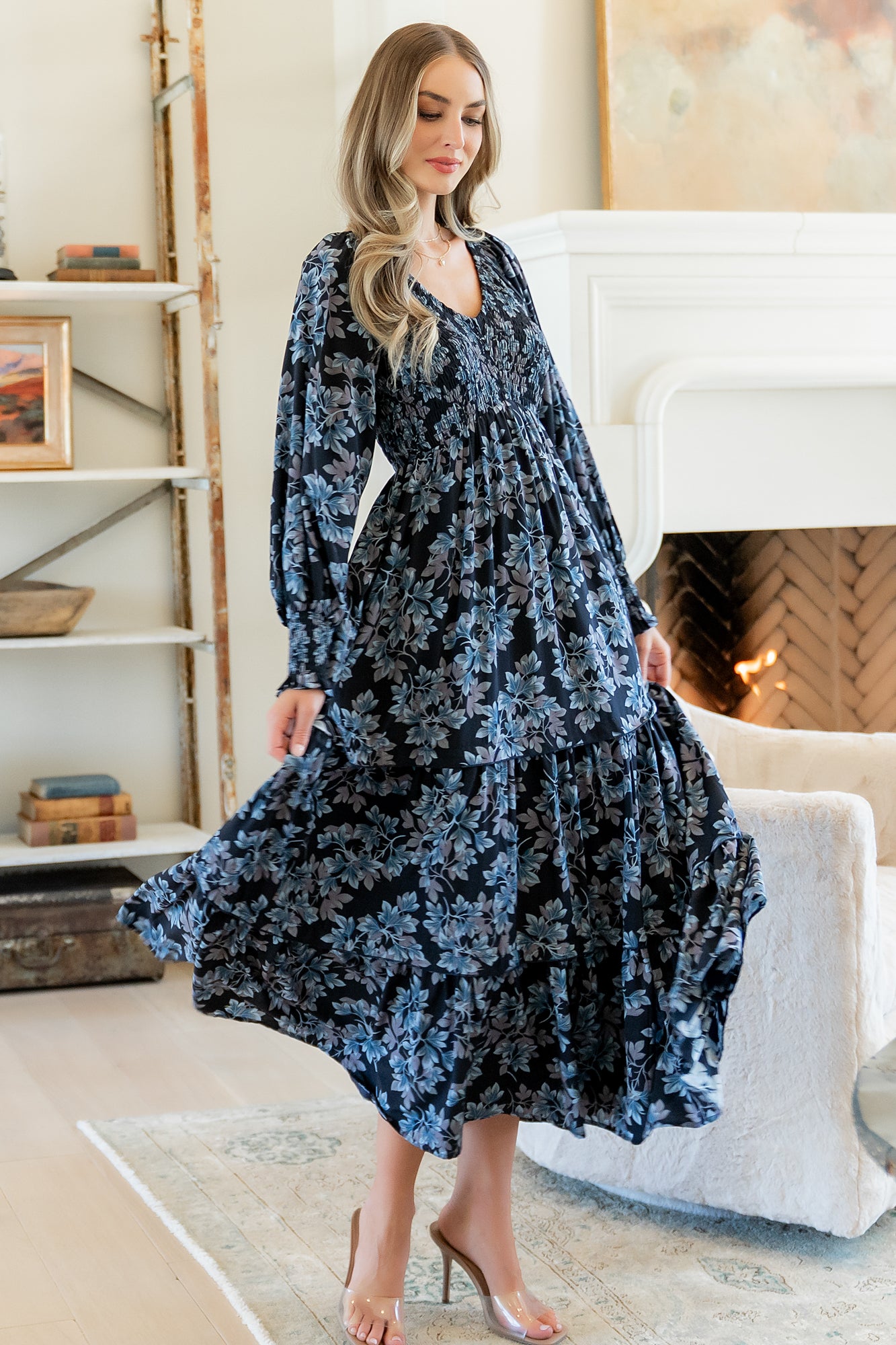 Baltic Born Womens Rayna Smocked Dress | Midnight + Blue Floral