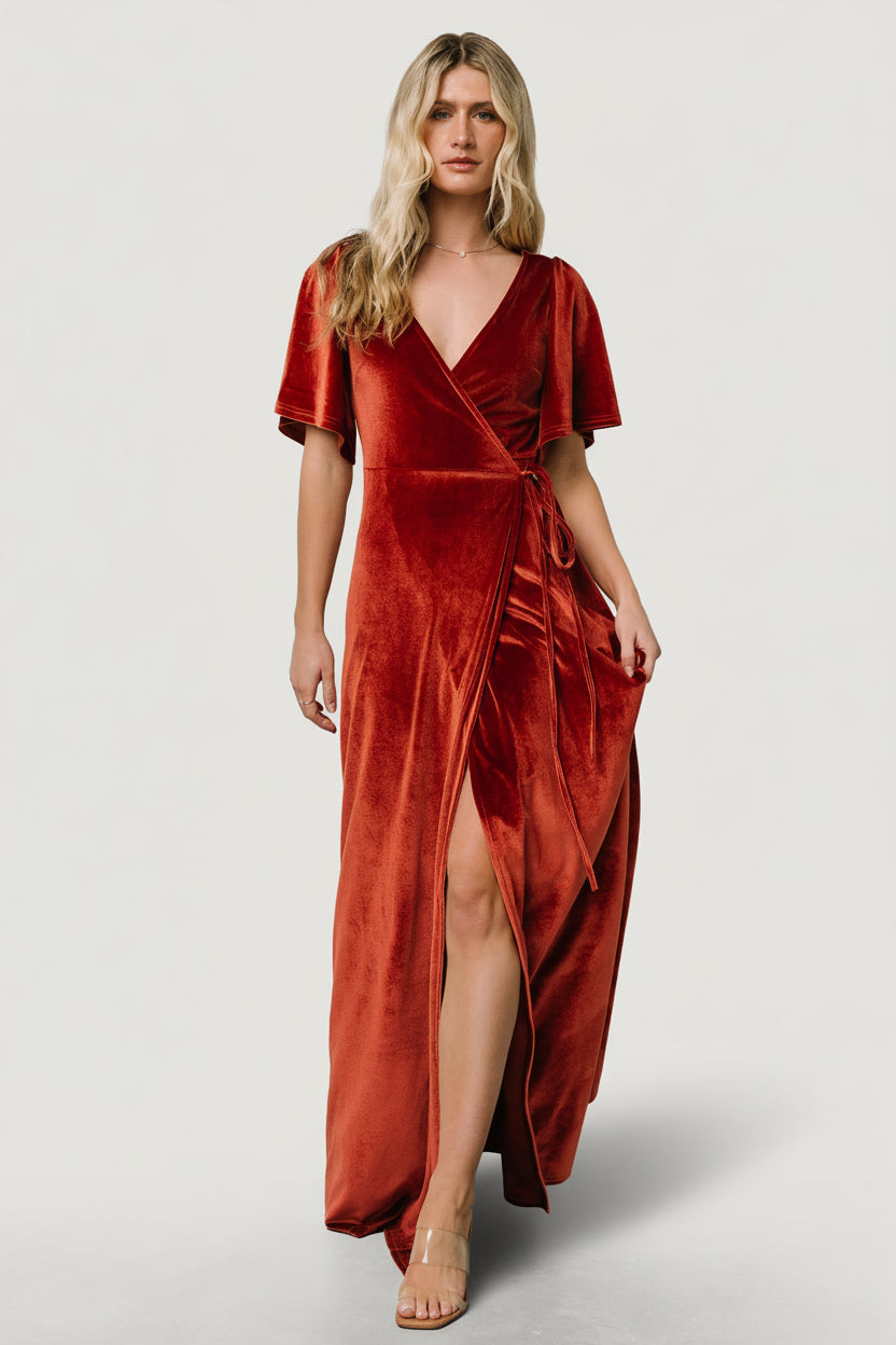 Meghan Velvet Wrap Maxi Dress | Terracotta